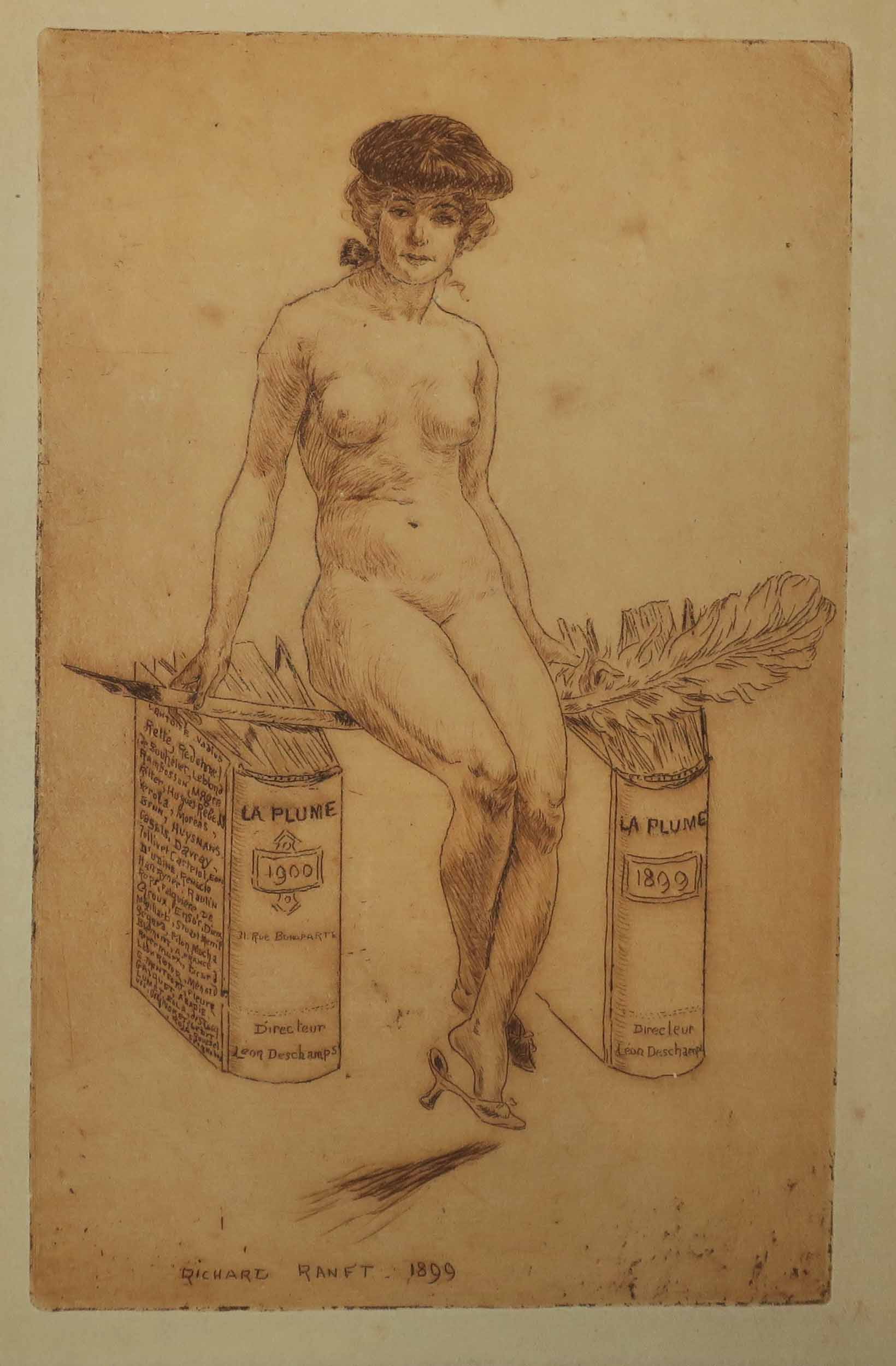 La Plume (Jeune femme dénudée assise sur une plume, entre deux livres).