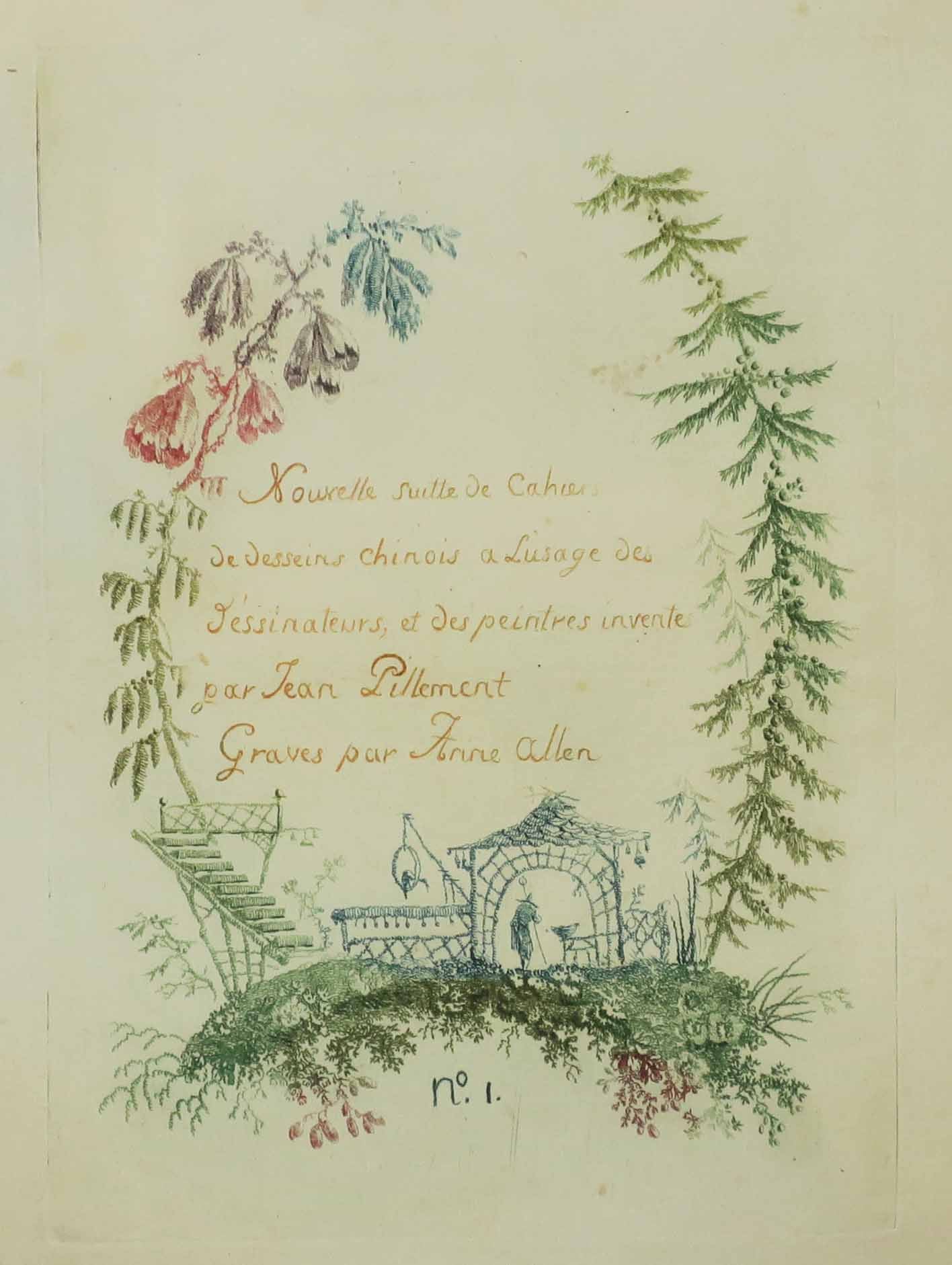 Titre pour « Nouvelle Suite de Cahiers de desseins Chinois à l’usage des dessinateurs et des Peintres, dessinés par Jean Pillement, gravés par Anne Allen. N°1.