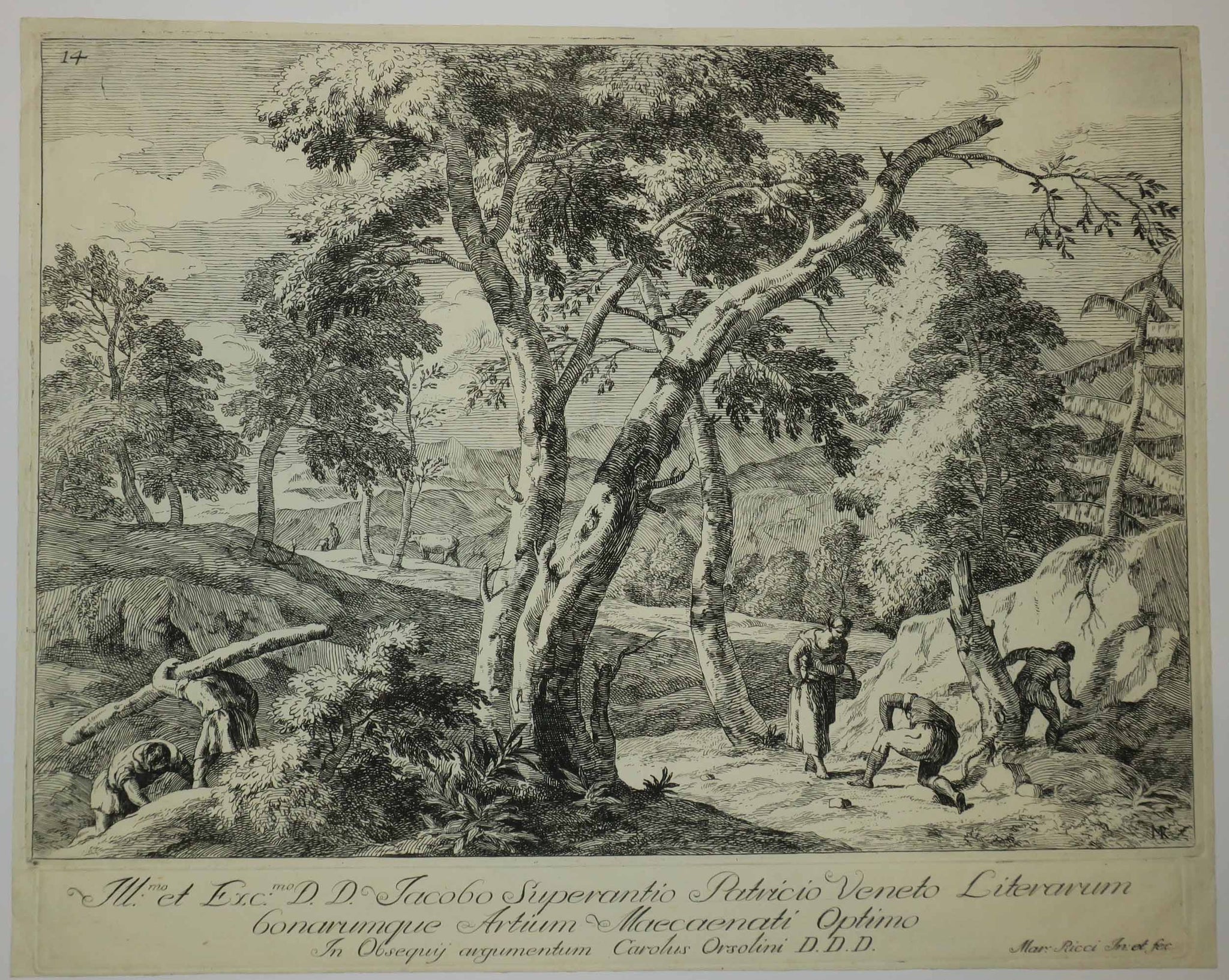 Paysage avec des figures ramassant des fruits sur une route boisée.