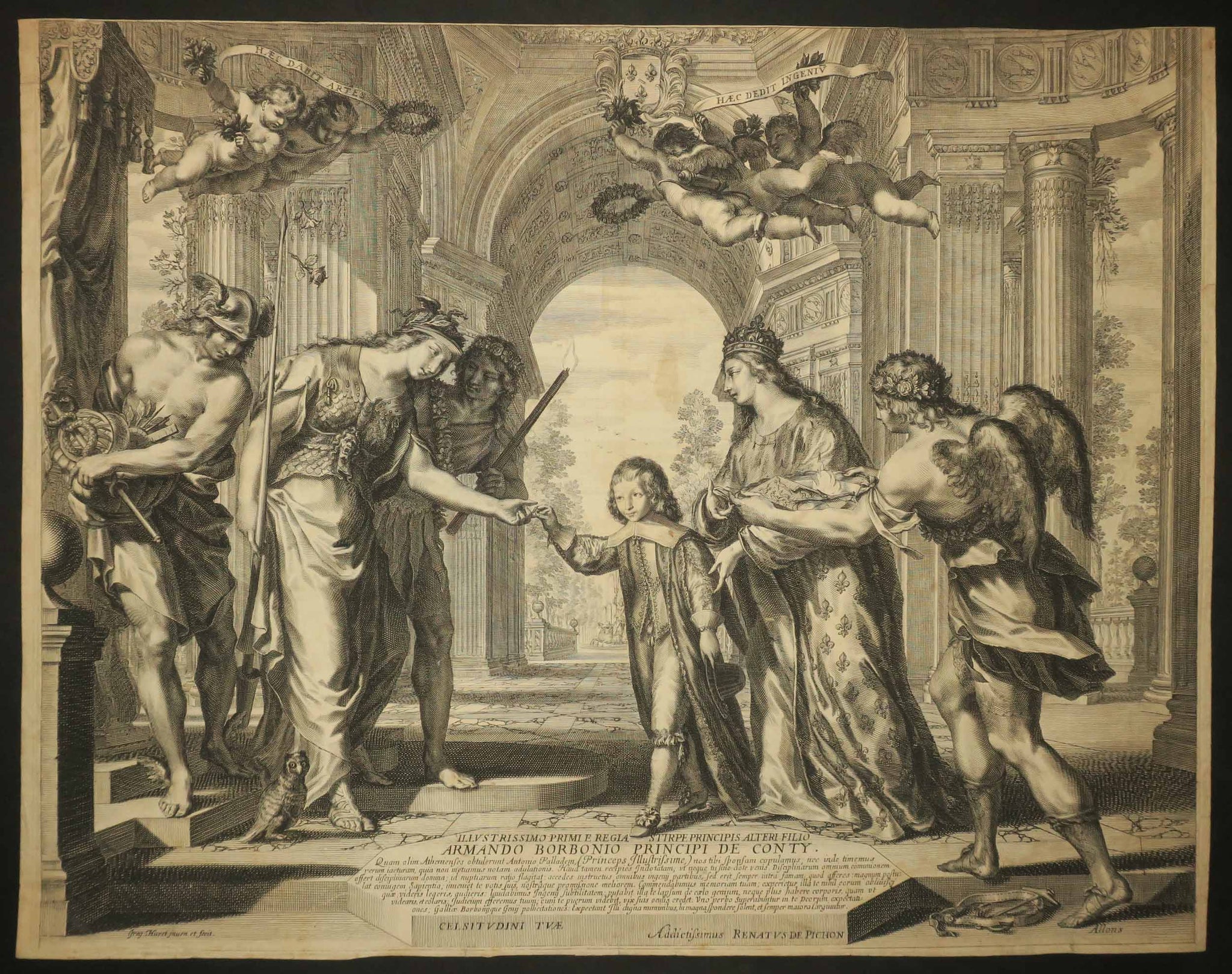 Gravure allégorique. La France et le Génie de la Maison de Bourbon accompagnant le Prince de Conti enfant.