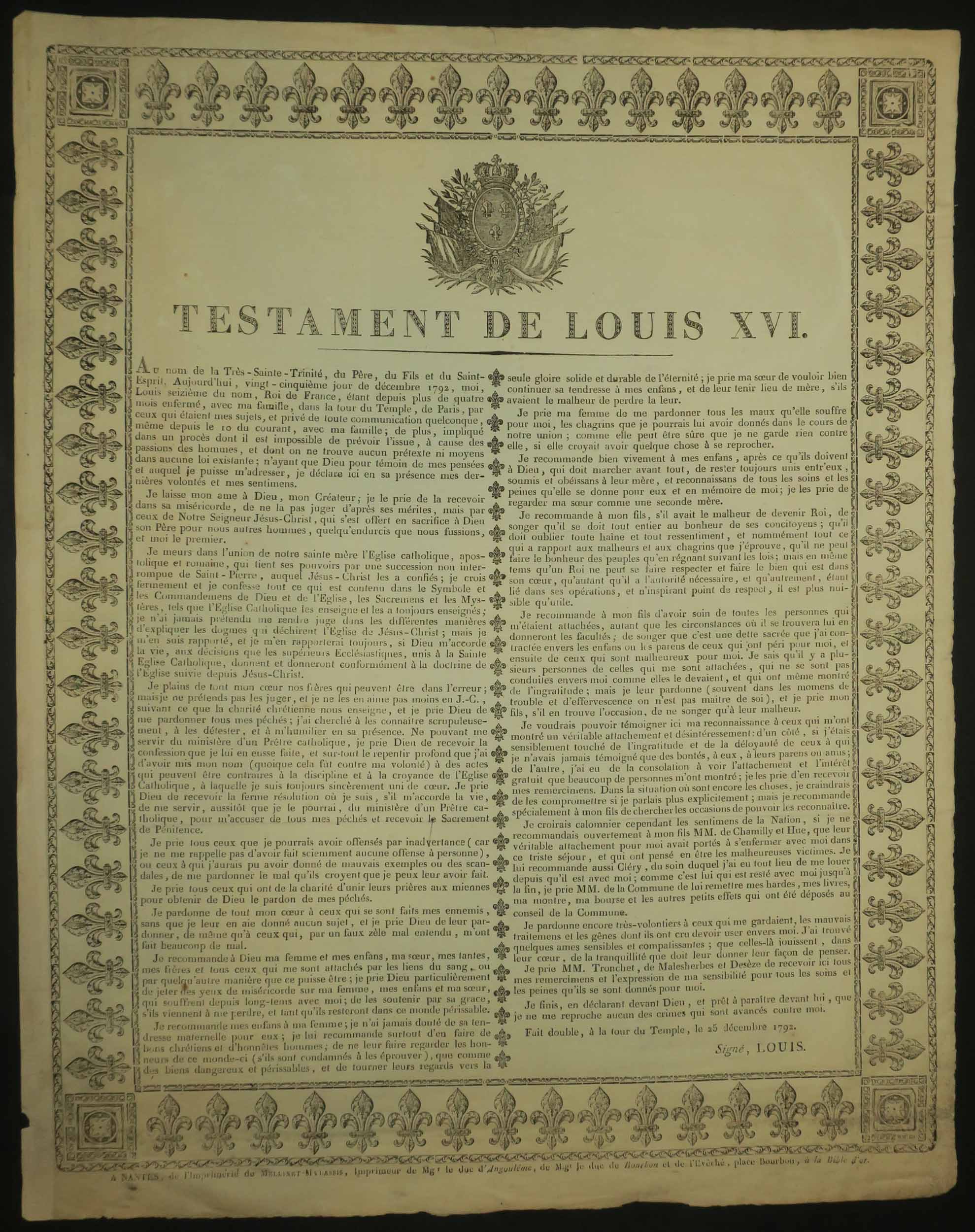 Testament de Louis XVI, fait à la Tour du Temple le 25 décembre 1792.