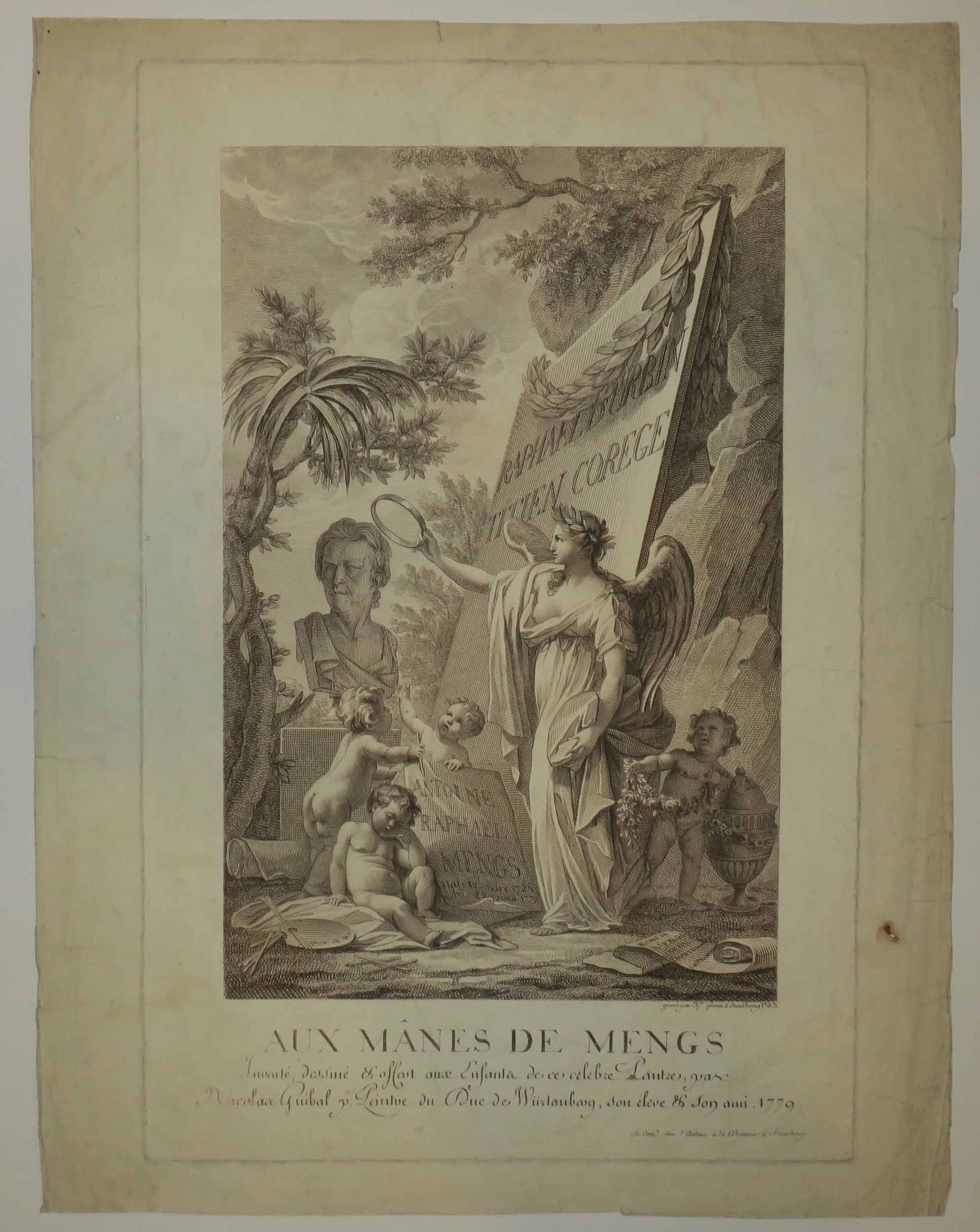 Allégorie: Aux Mânes de Mengs. Inventé, dessiné et offert aux Enfants de ce célèbre Peintre par Nicolas Guidal premier Peintre du Duc de Würtemberg, son élève & son ami, 1779.