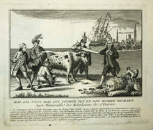 Charger l'image dans la galerie, Gravure pittoresque de l'Etat de la Nation pour février 1778. "Mal lui veut mal lui tourne dit le bon homme Richard. Sujet Mémorable des Révolutions de l'Univers". c.1778-