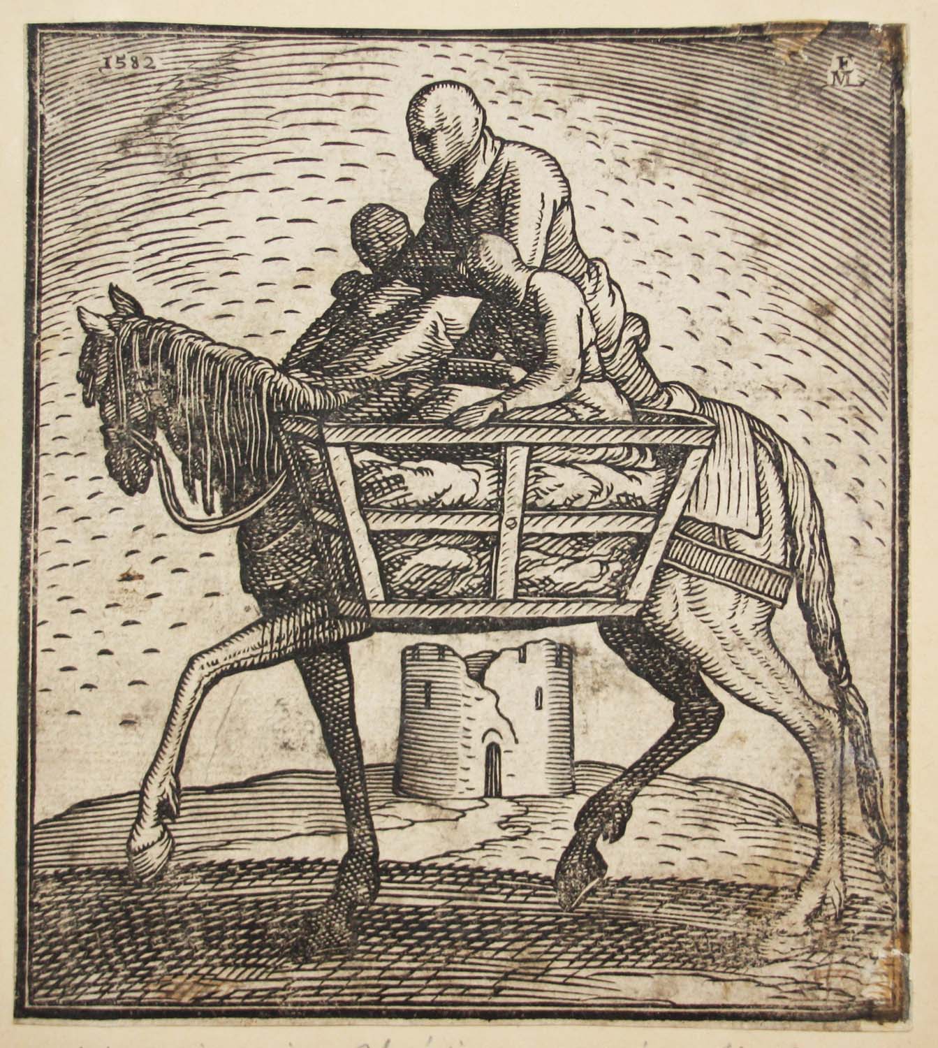 Une femme tartare à cheval; de profil à gauche; portant une cape avec un voile couvrant son visage; accompagné de deux enfants également masqués assis dans des paniers en bois fixés à la selle.