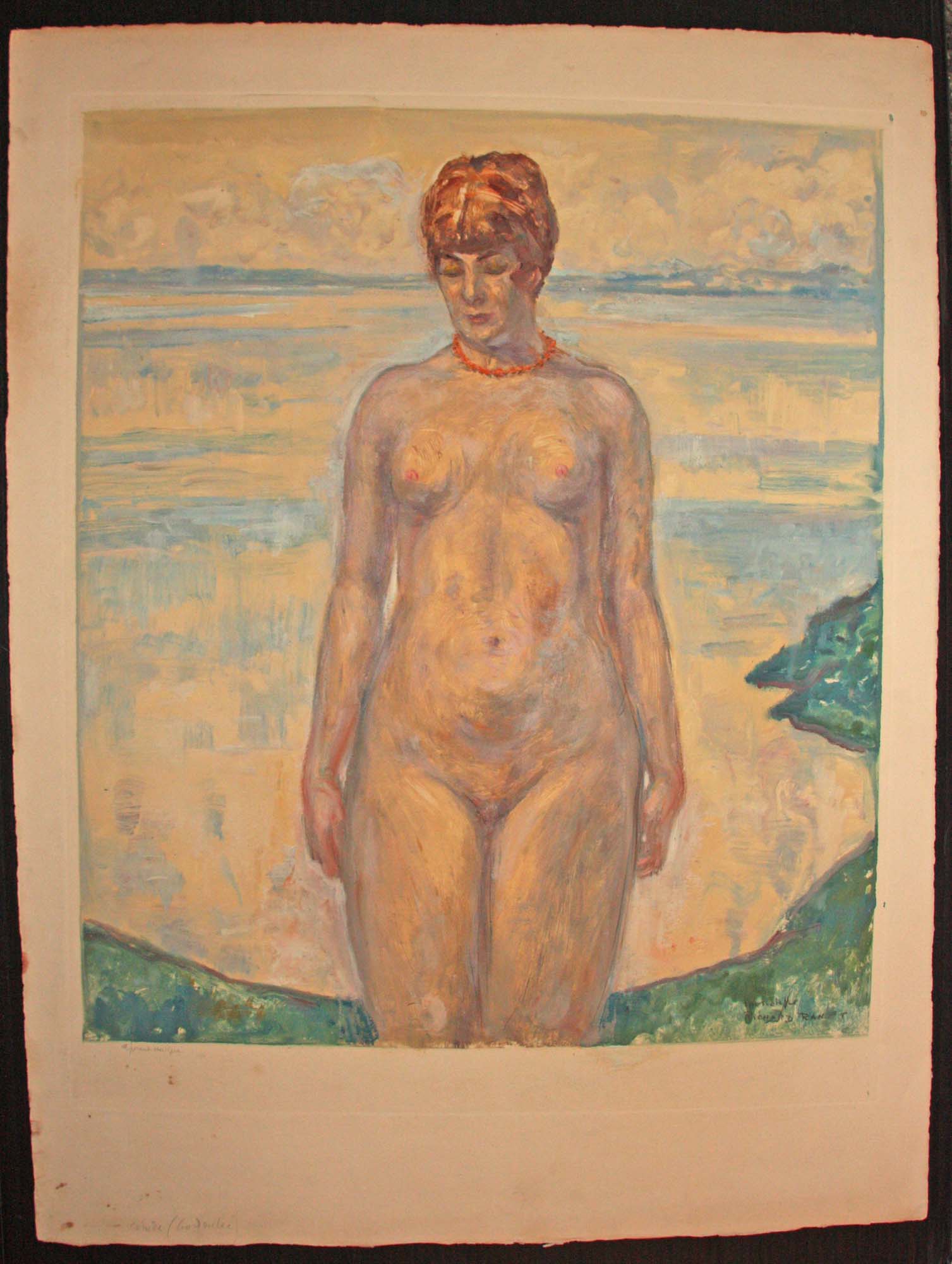 Etude de femme. (Femme avec un collier, dénudée, debout dans un paysage).