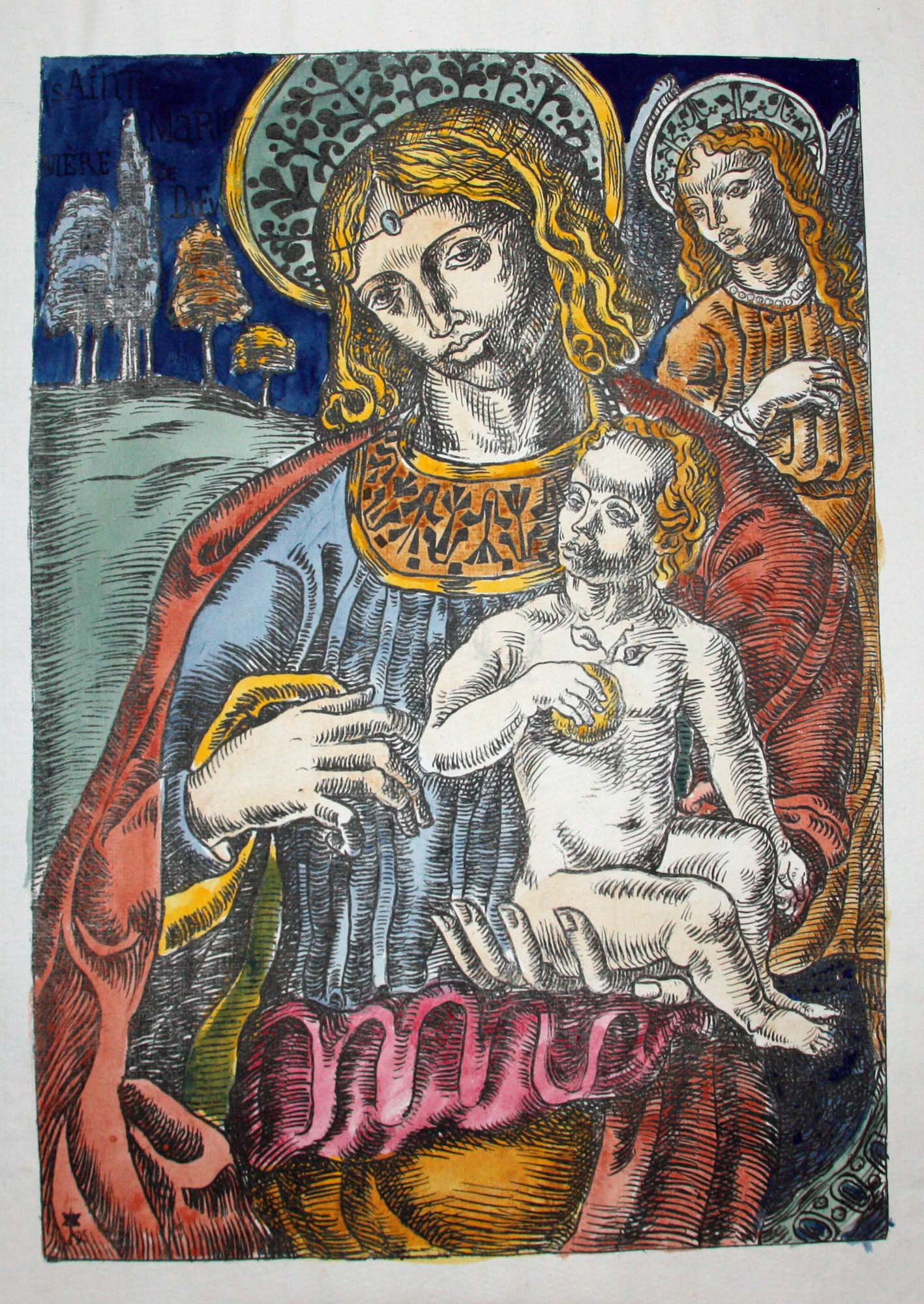 Sainte Marie Mère de Dieu : La Vierge et l'ange nimbés.
