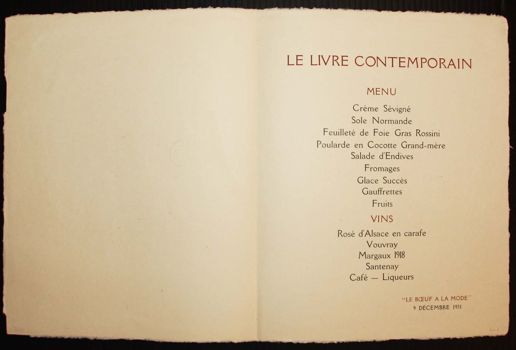 Le centaure. Menu du 9 décembre 1931 pour Le Livre Contemporain.