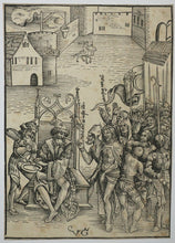 Charger l'image dans la galerie, Pilate, assis, lavant ses mains devant le Christ couronné d’épines.