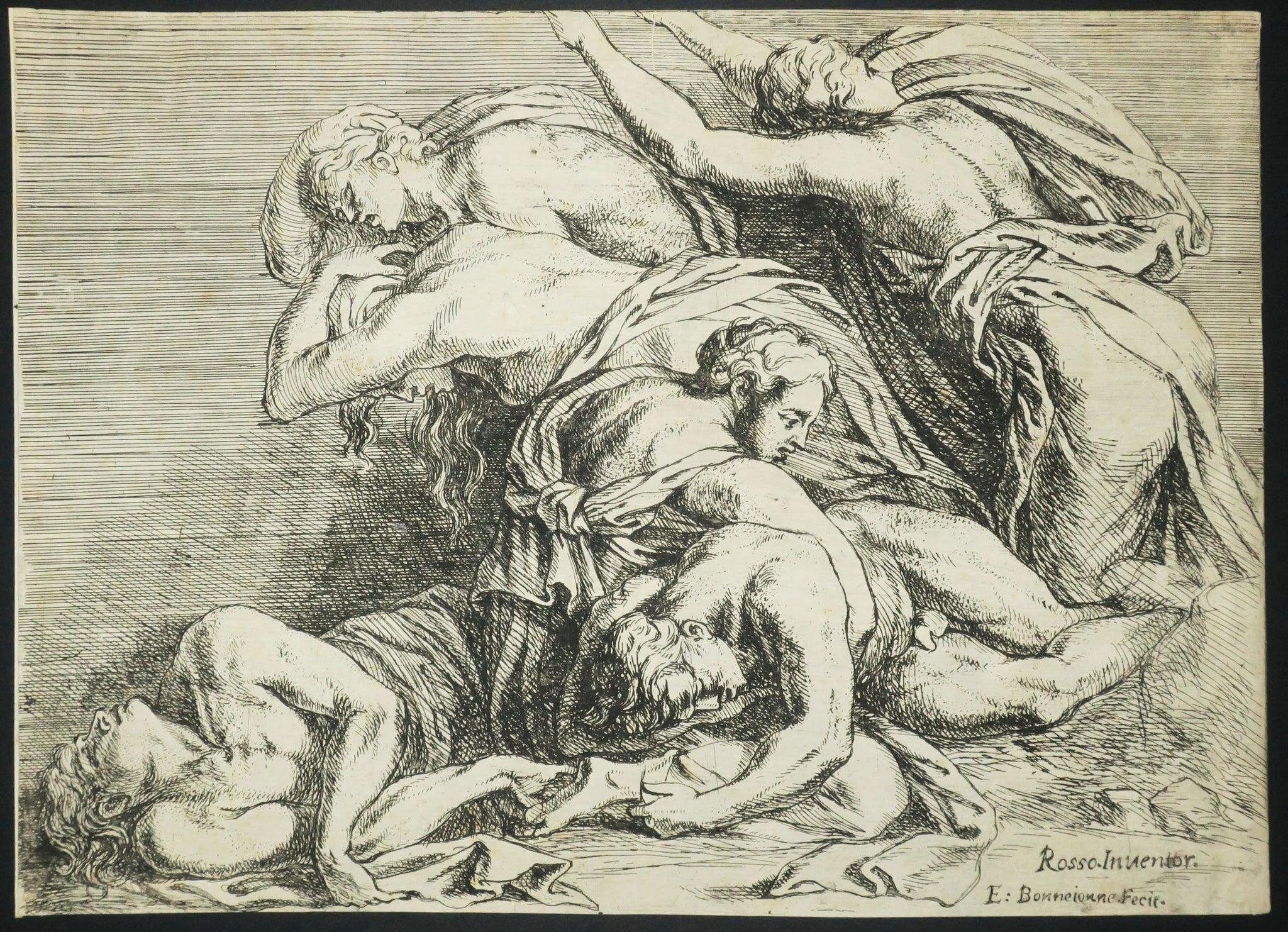 Groupe d'hommes et de femmes en souffrance.