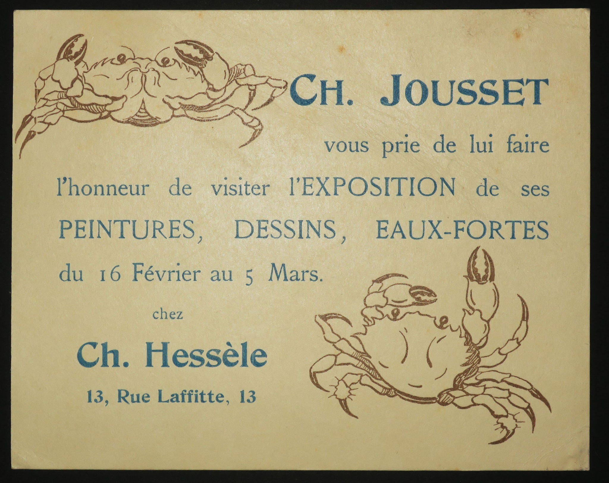 Cartons d'invitation pour Expositions chez M. Charles Hessèle, 13 rue Laffitte, à Paris. 1898-