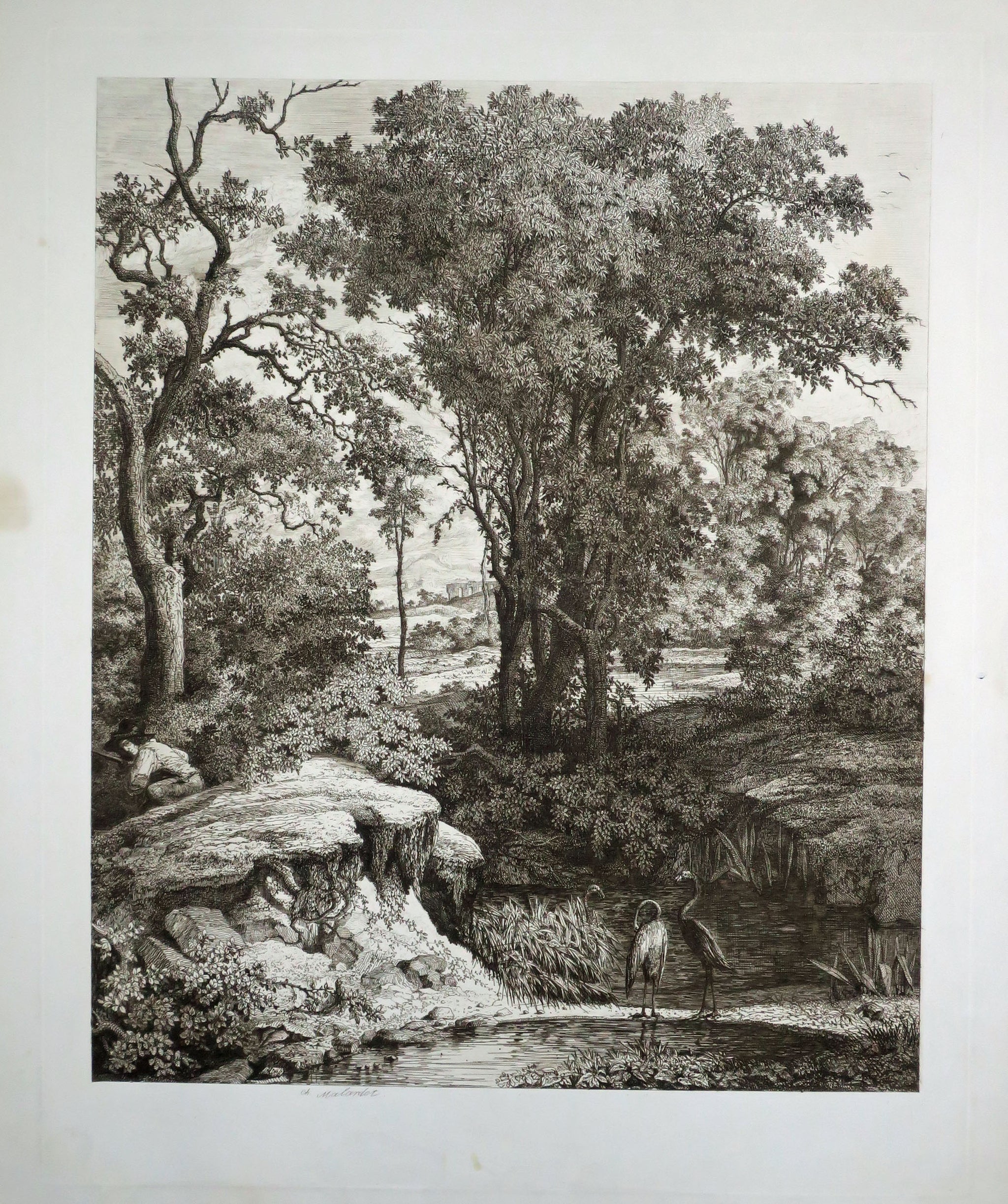 Paysage avec trois flamants au bord d'une mare.