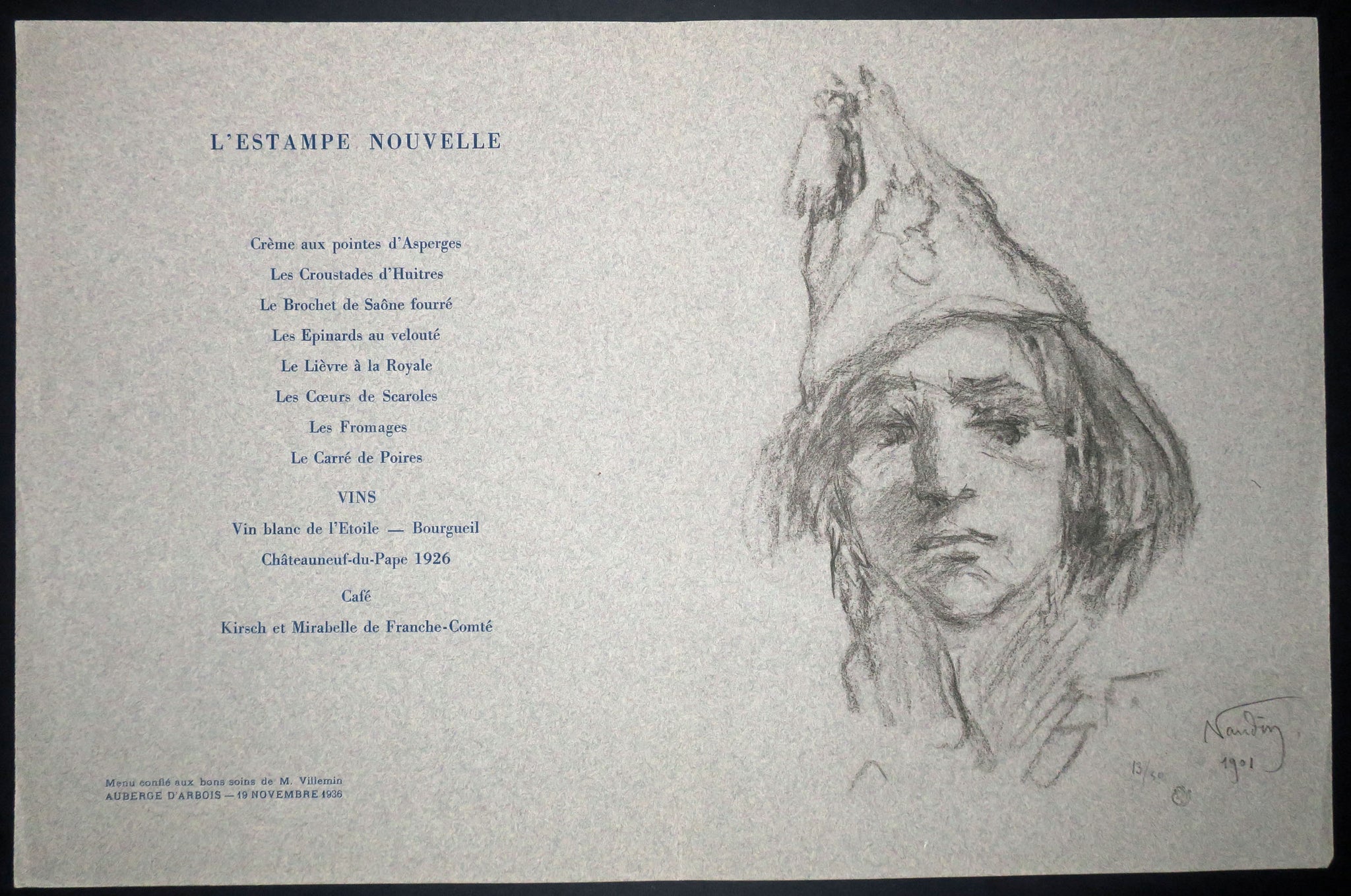 Menu pour L'Estampe Nouvelle, à l'Auberge d'Arbois le 19 novembre 1936.