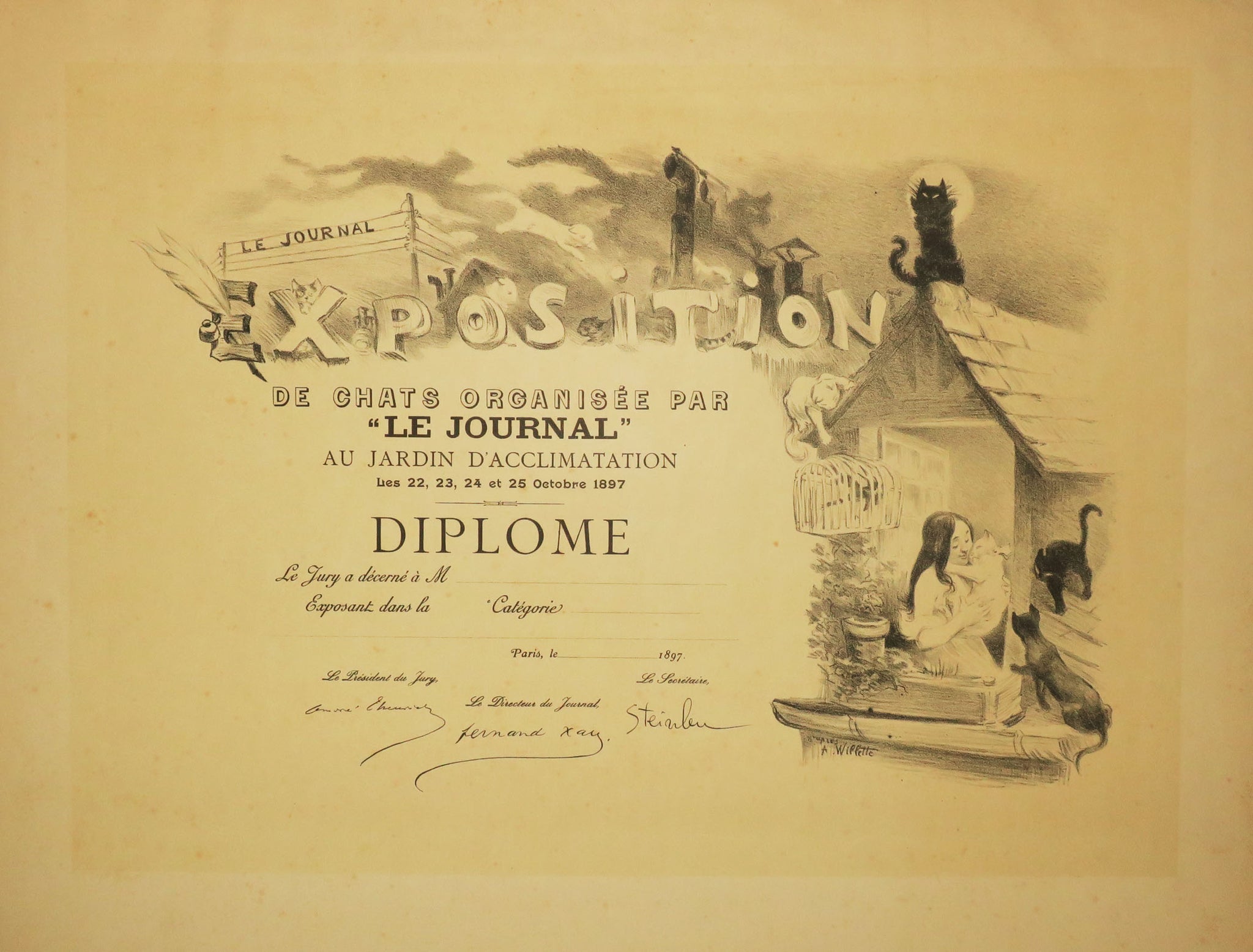 Diplôme pour l'Exposition de chats organisée par