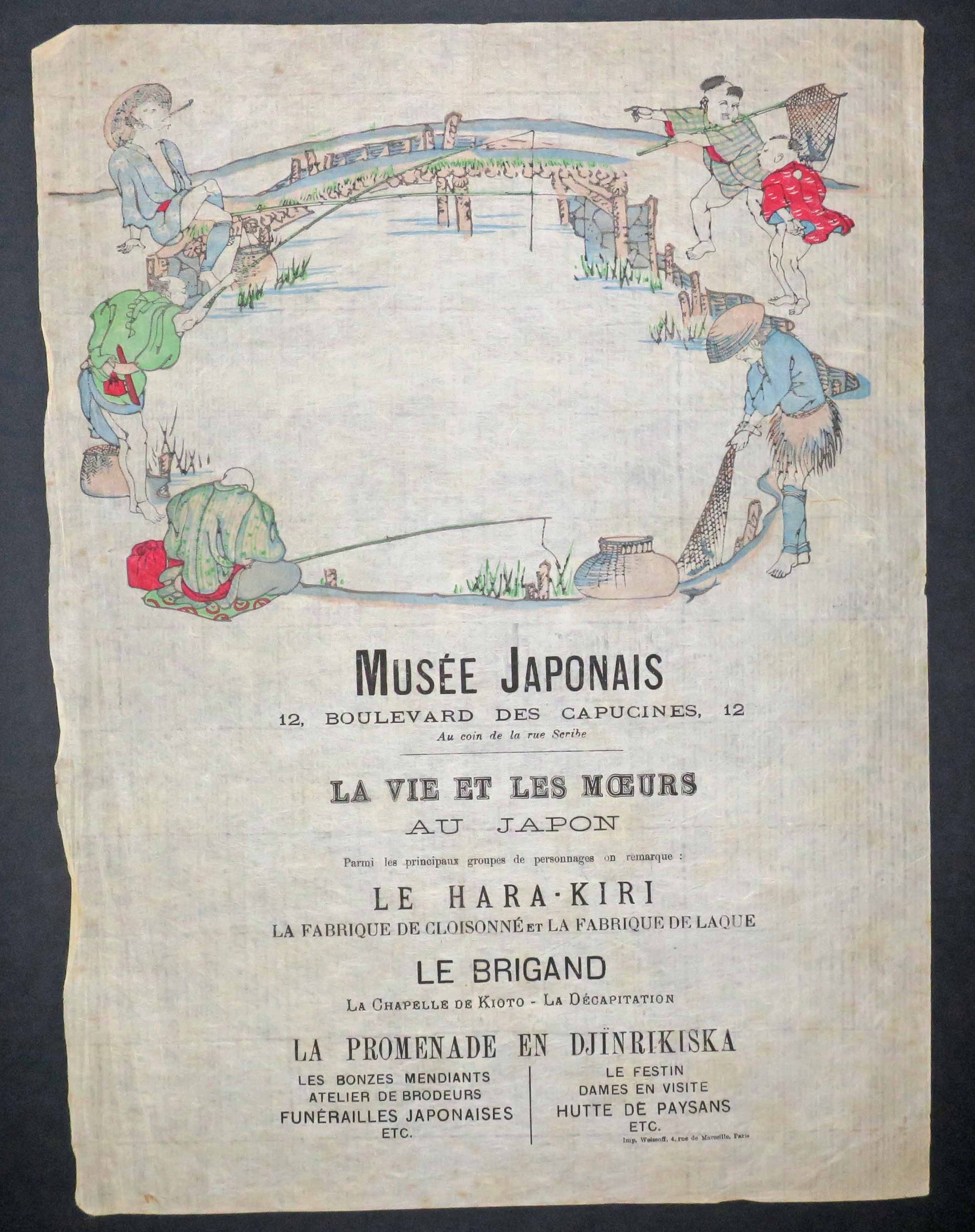 Musée Japonais, 12 bd des Capucines. La vie et les mœurs au Japon. Le Hara-Kiri, la Fabrique de cloisonné et la Fabrique de laque. Le Brigand, la Chapelle de Kioto, la Décapitation.