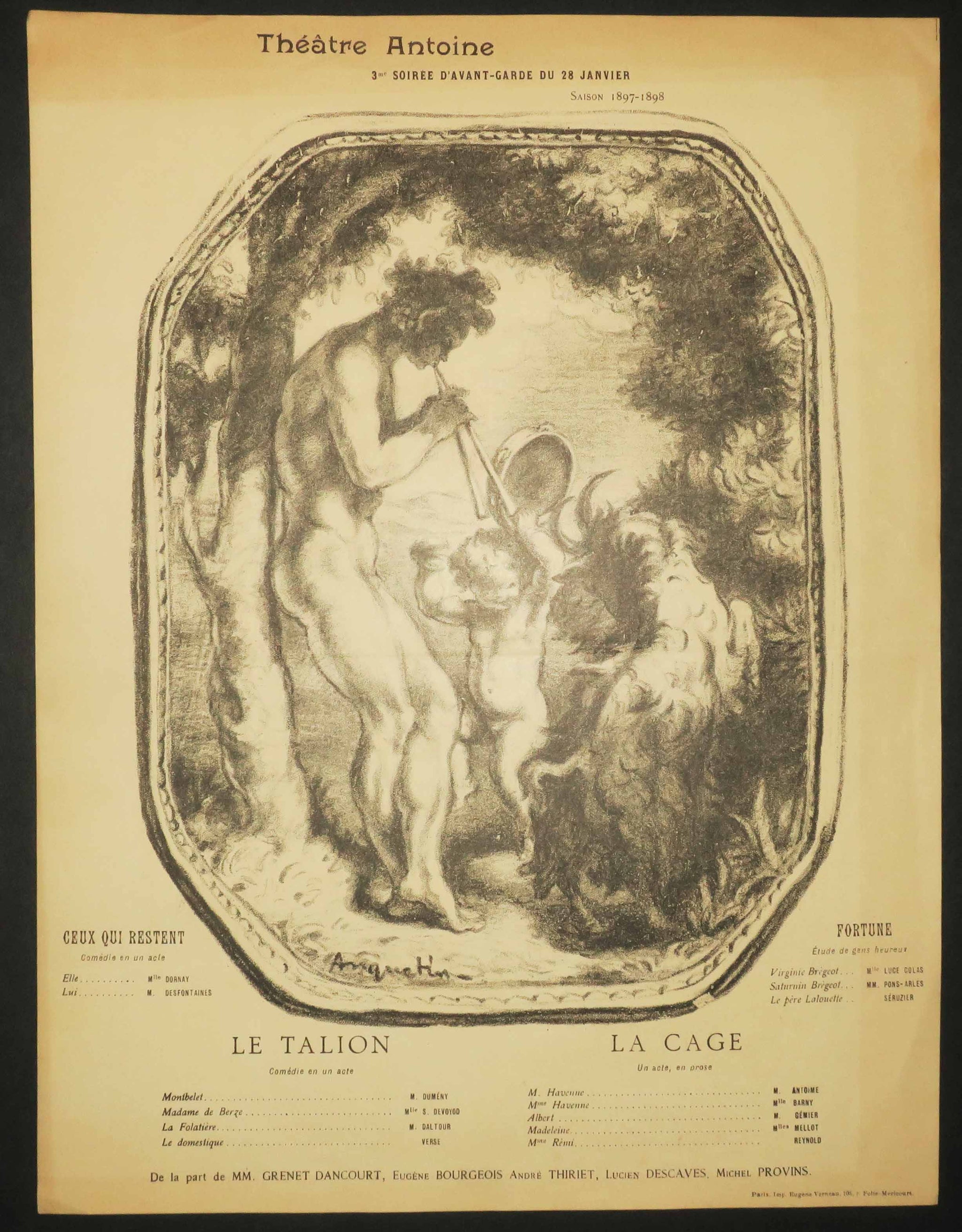 Le Talion; La Cage; Ceux qui restent; Fortune. Programme pour le Théâtre Antoine, 3ème Soirée d'avant-garde du 28 janvier, Saison 1897-1898.