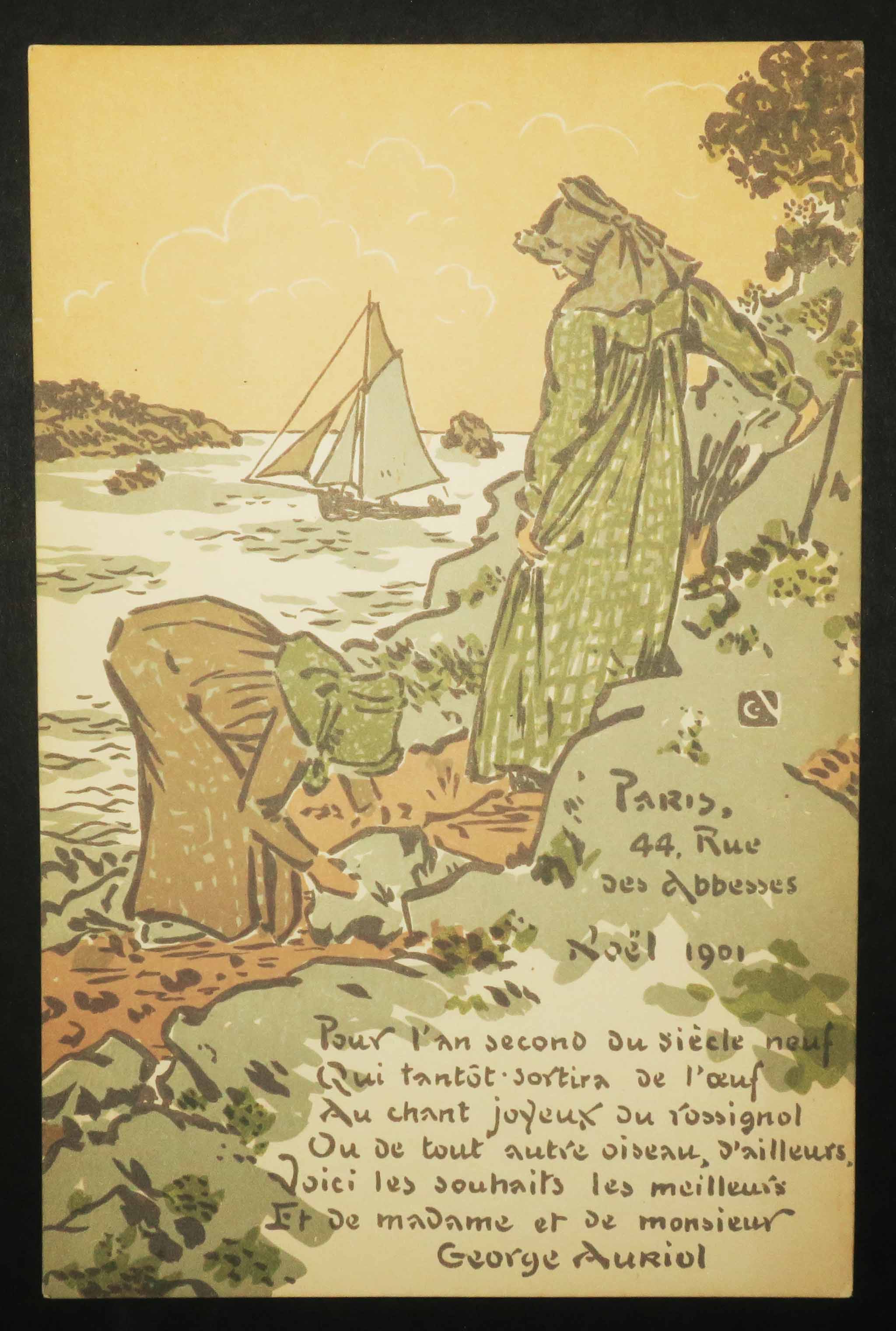 Carte de vœux pour l'année 1901. Pour l'an second du siècle neuf, Qui tantôt sortira de l'œuf… (Deux femmes ramassant des coquillages sur les rochers).