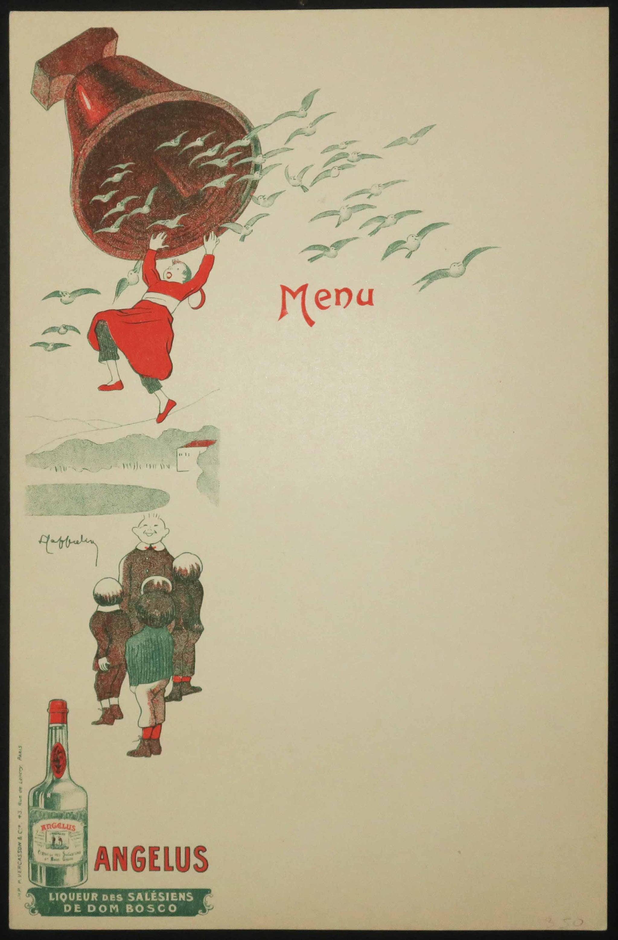 Menu pour la Liqueur Angelus. Un enfant de chœur se suspend au battant d'une cloche.