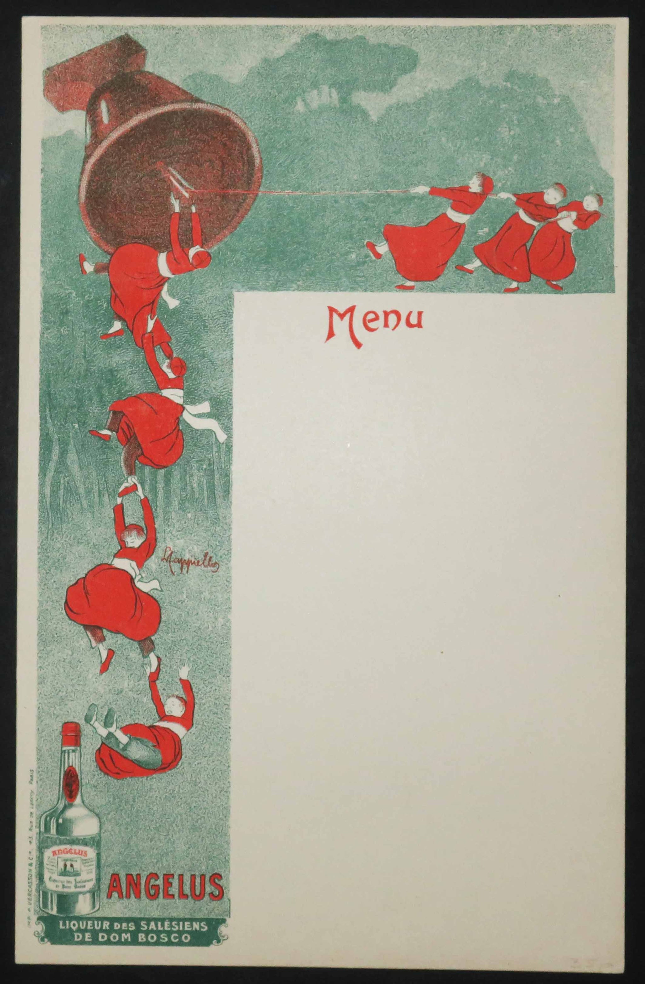 Menu pour la Liqueur Angelus. Deux équipes d'enfants de chœur s'opposent pour faire sonner une cloche.