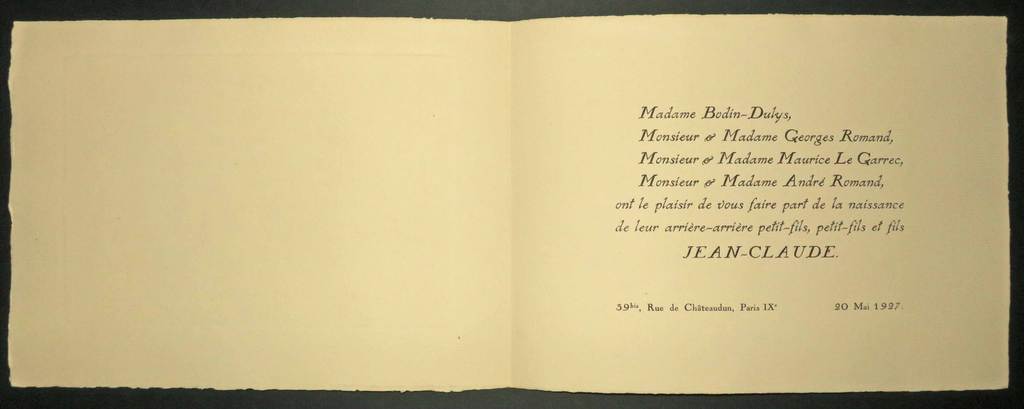 Faire-part de naissance de Jean-Claude Romand. Jean Frélaut à ses amis Romand.