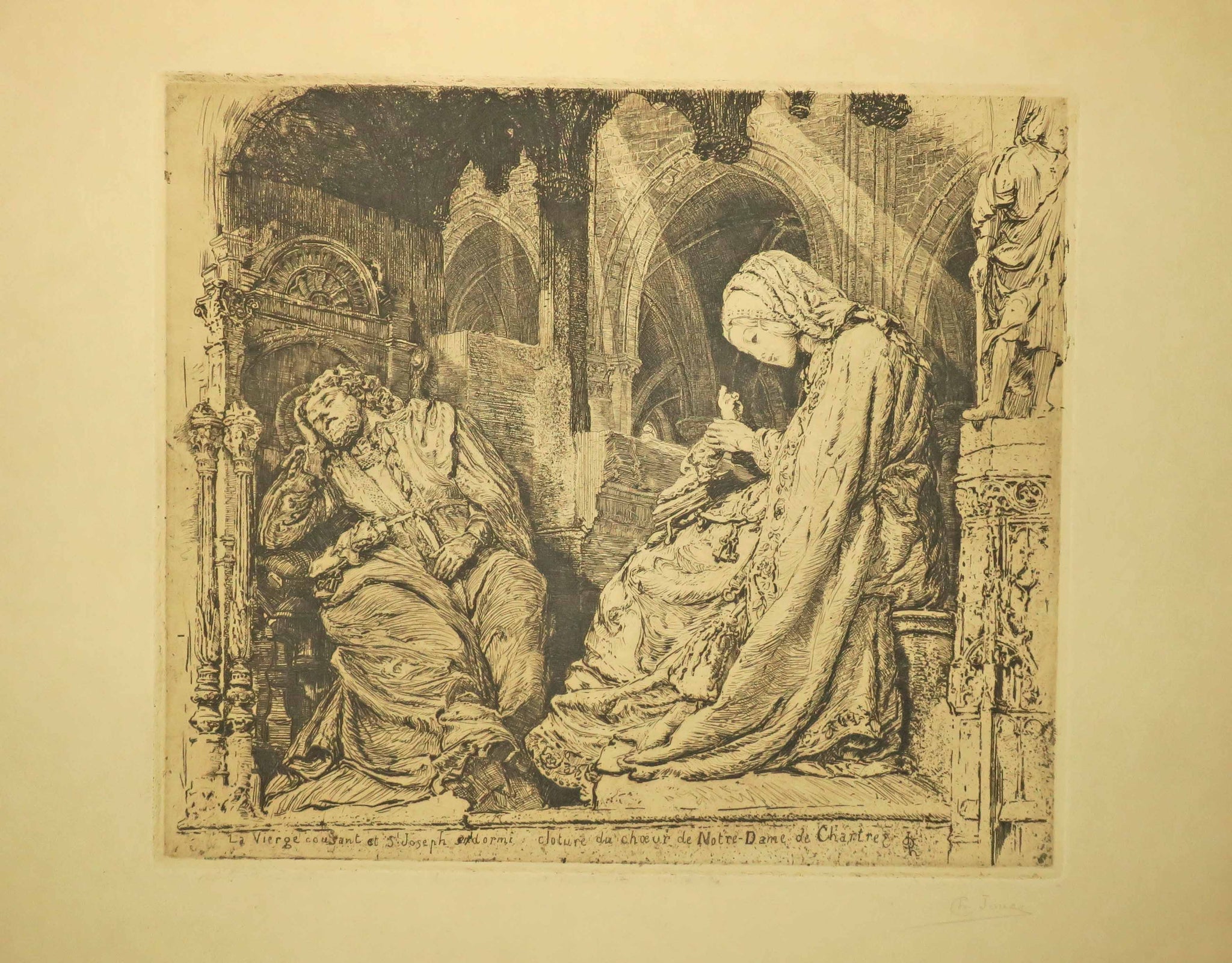 La Vierge cousant et St Joseph endormi. Clôture du chœur de Notre-Dame de Chartres.