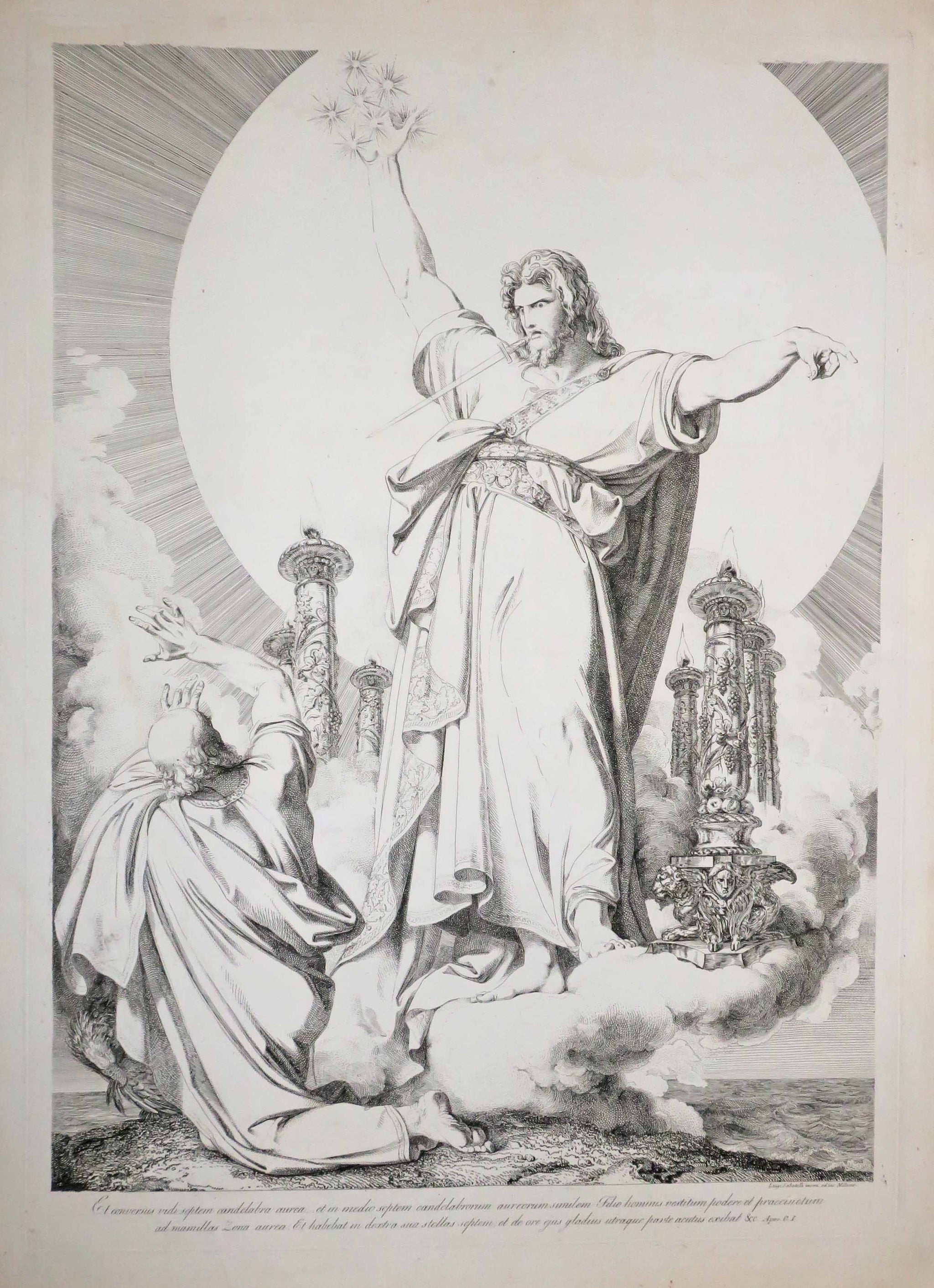 Christ avec une épée émergeant de sa bouche tenant sept étoiles et entouré de sept chandeliers.