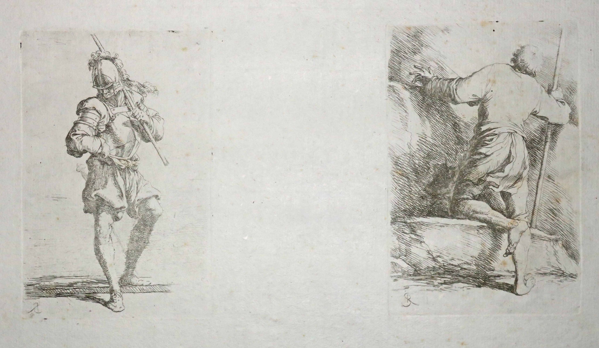 Soldat regardant par terre avec un bâton sur l'épaule & Soldat de dos avec un bâton. 1656-