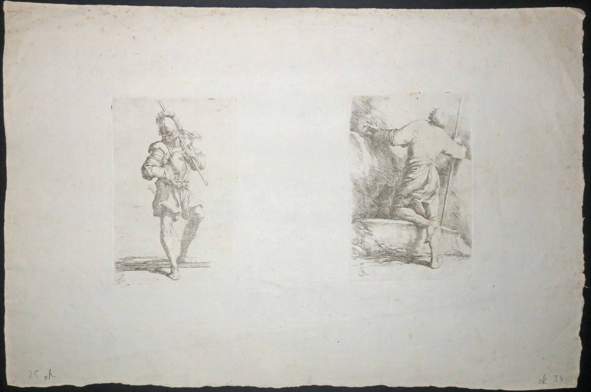Soldat regardant par terre avec un bâton sur l'épaule & Soldat de dos avec un bâton. 1656-