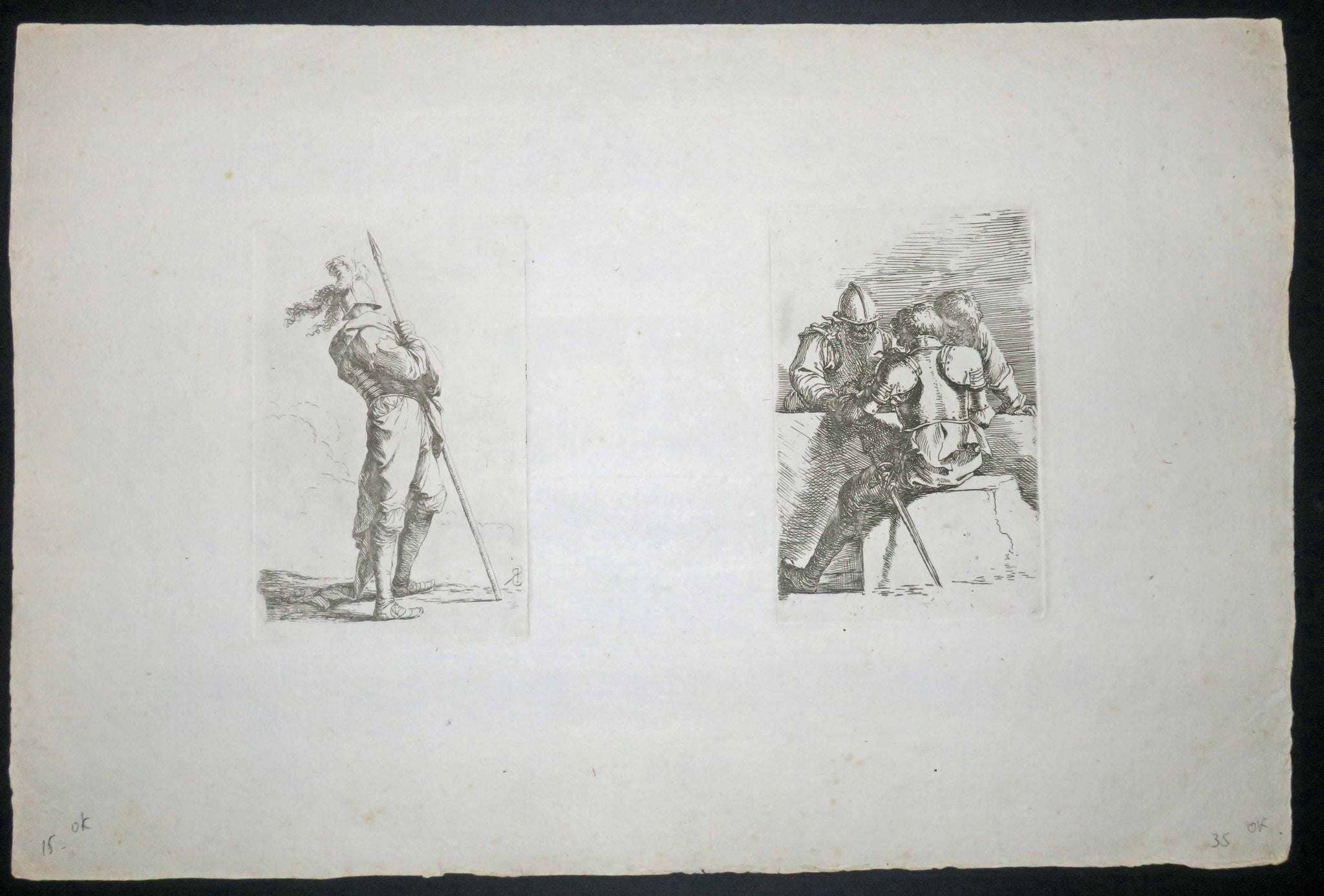 Soldat de dos avec une lance dans les deux mains & Soldat de dos avec deux autres soldats. 1656-