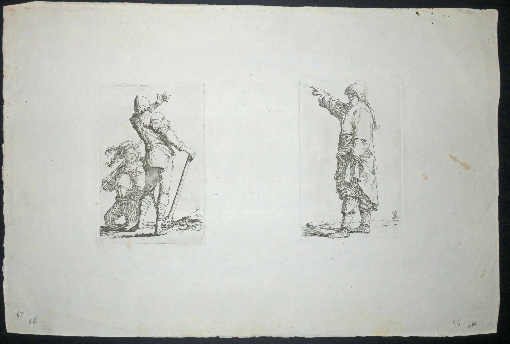 Soldat avec une massue parlant à un compagnon & Homme marchant vers la gauche. 1656-
