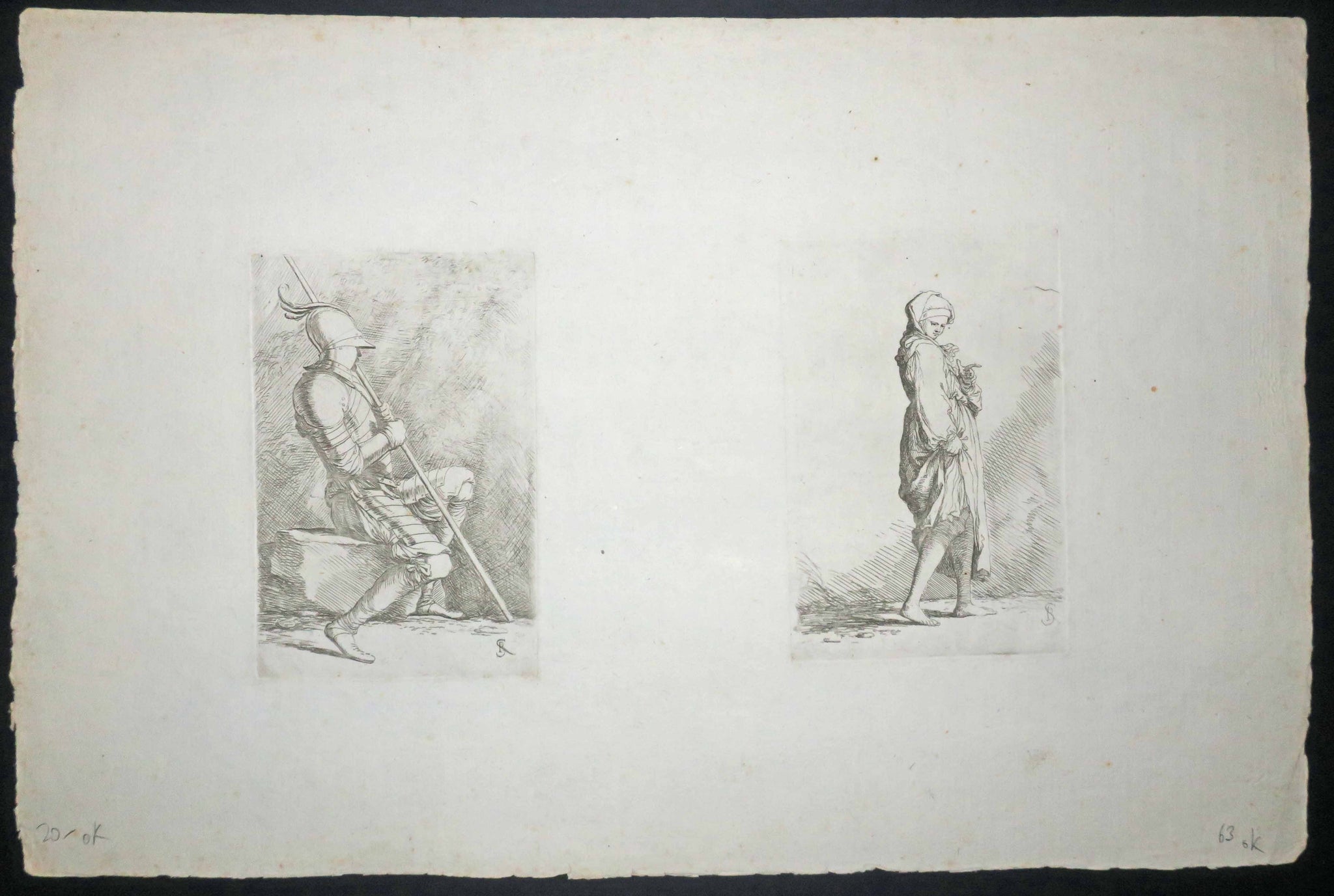 Soldat assis avec un long bâton & Jeune fille avec un turban. 1656-