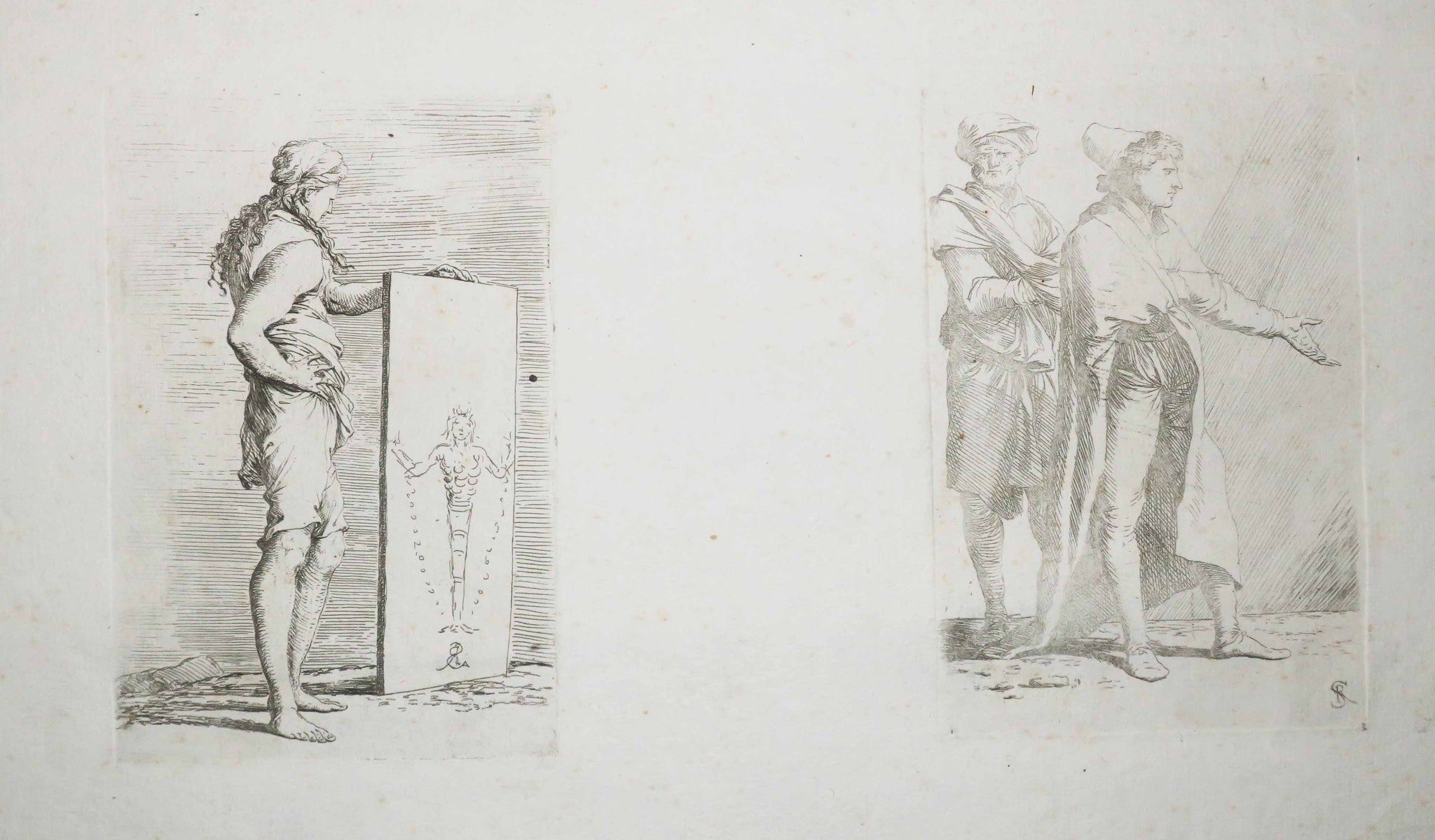 Jeune homme en pied avec un tableau & Homme de profil suivi d'un valet.