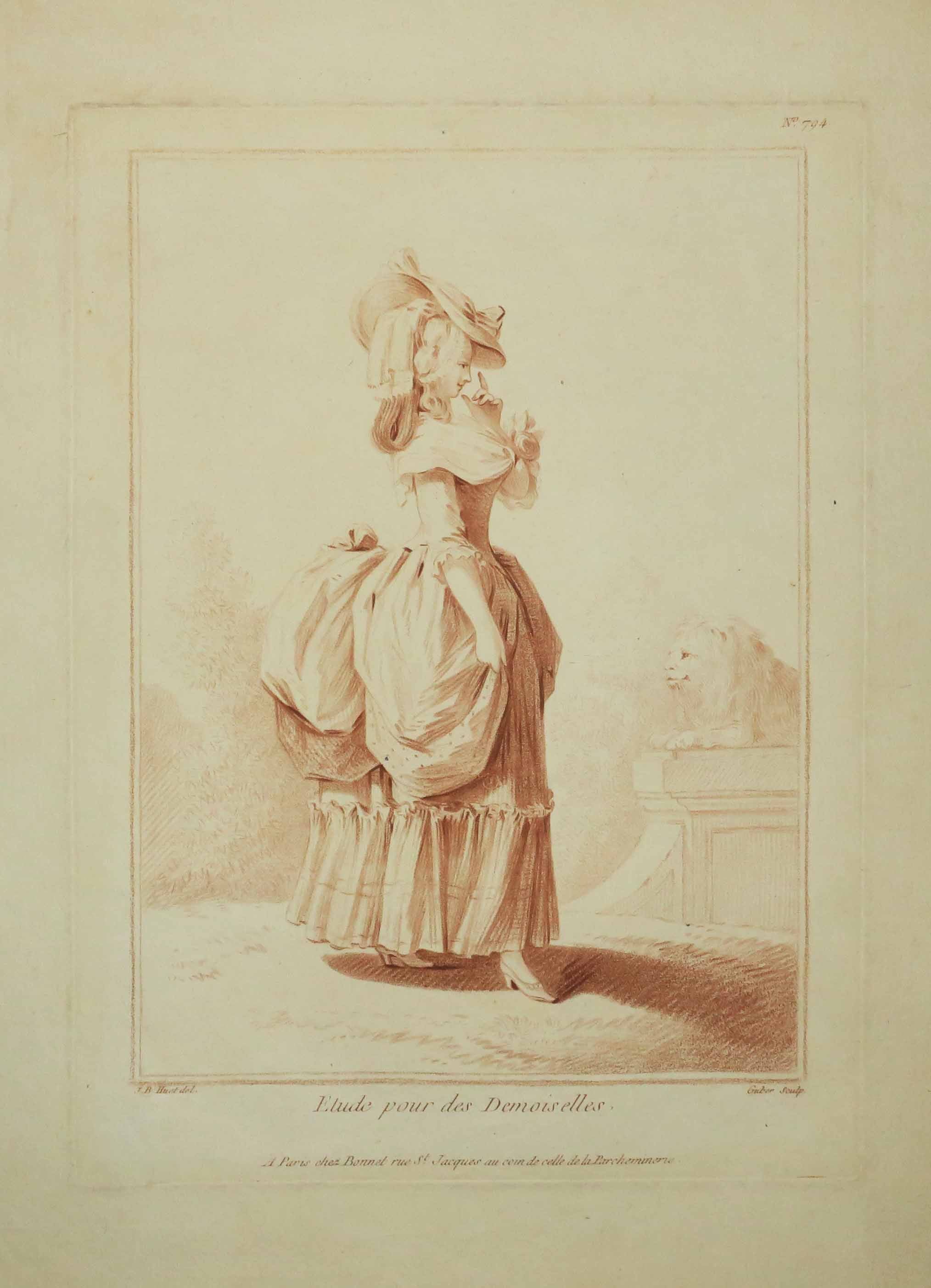 Etude pour les Demoiselles: Jeune fille, en pied, debout, grand chapeau et robe à paniers, et à droite un lion sculpté.