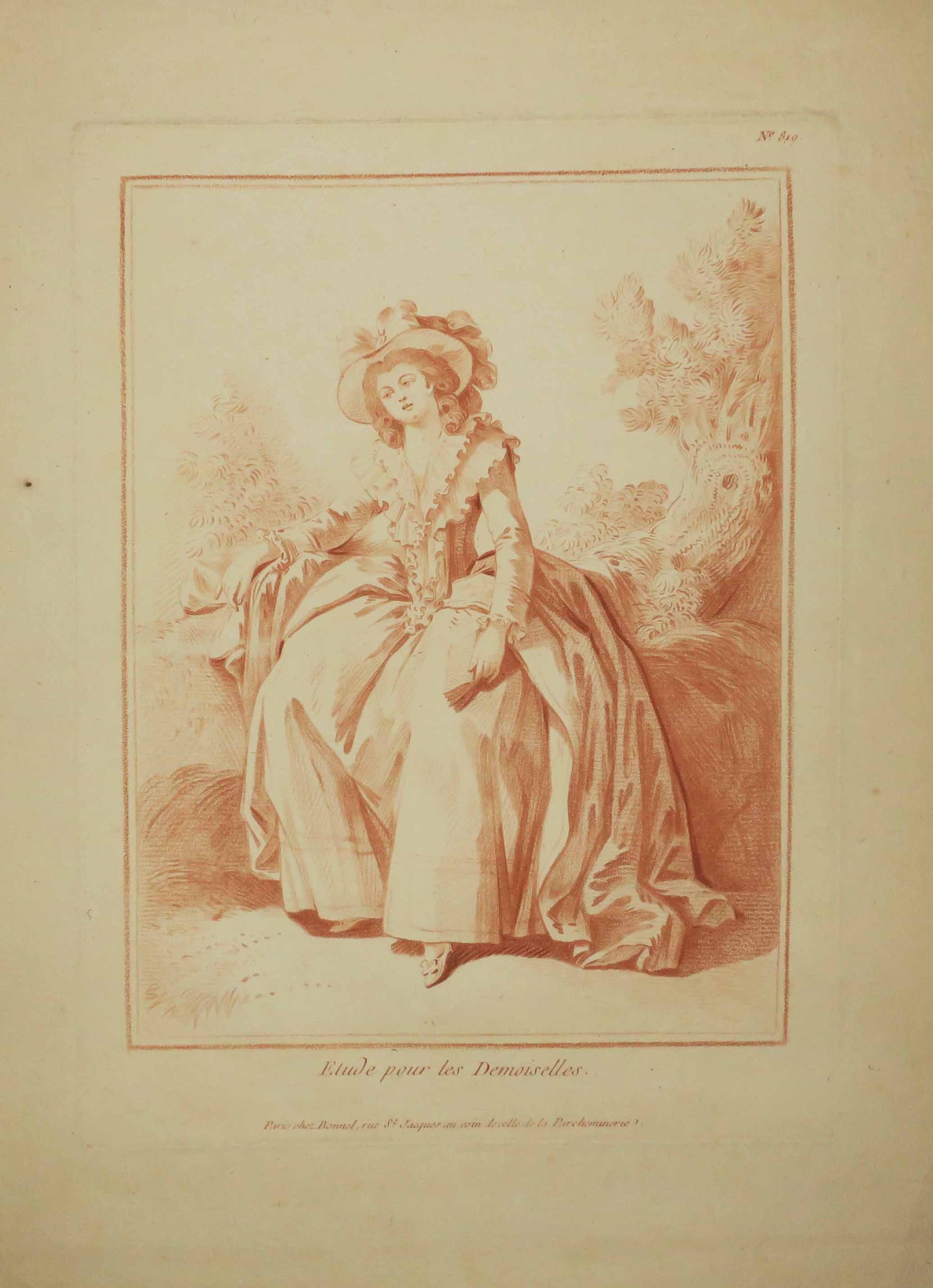Etude pour les Demoiselles: Jeune fille, debout, de face, chapeau et robe à paniers, un livre à la main.