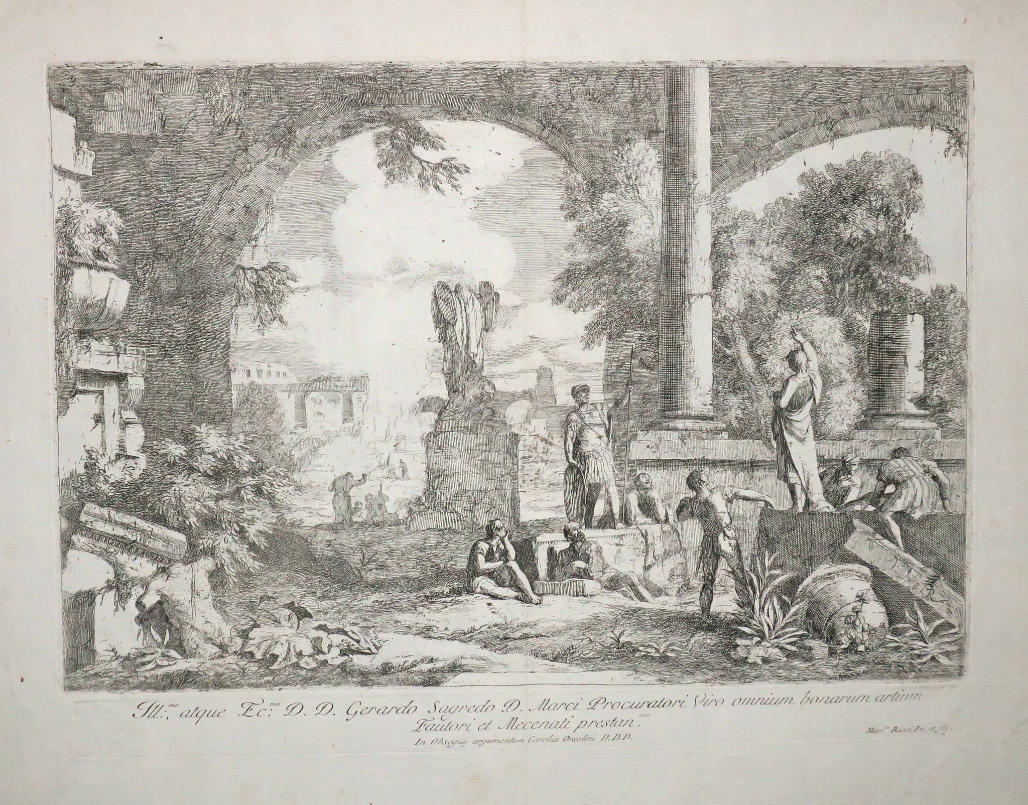 Caprice aux ruines classiques: arcades et statue acéphale.