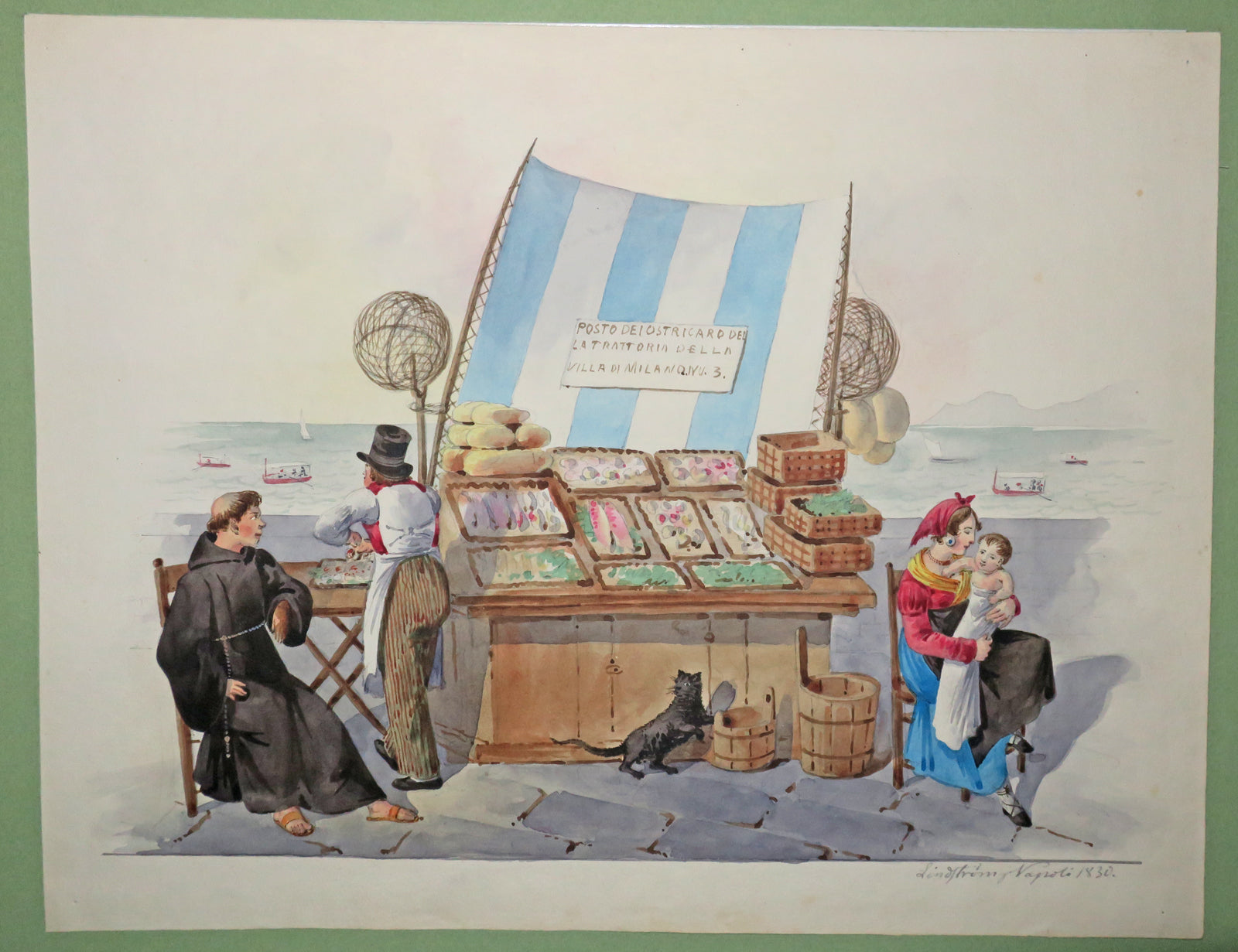 Posto dei ostricaro della trattoria della villa di Milano. Etalage de poissons et d'huîtres.