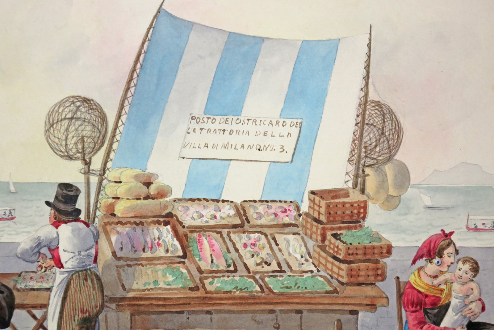 Posto dei ostricaro della trattoria della villa di Milano. Etalage de poissons et d'huîtres.