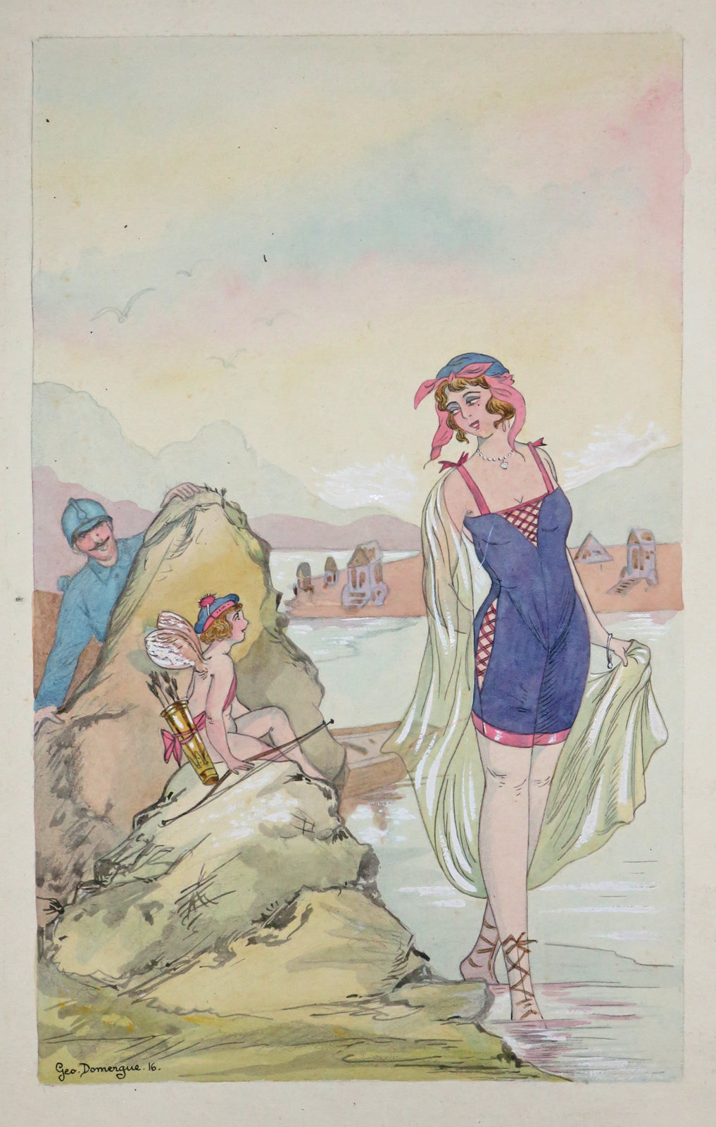 Baigneuse et Cupidon espionnés par un soldat.