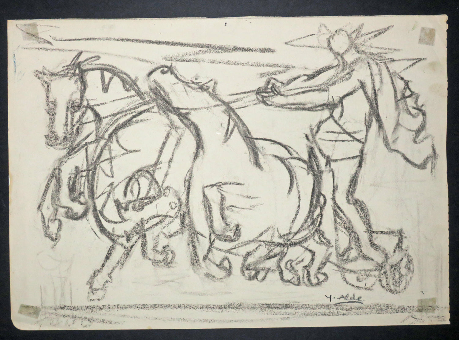 Homme conduisant un chariot et deux chevaux.