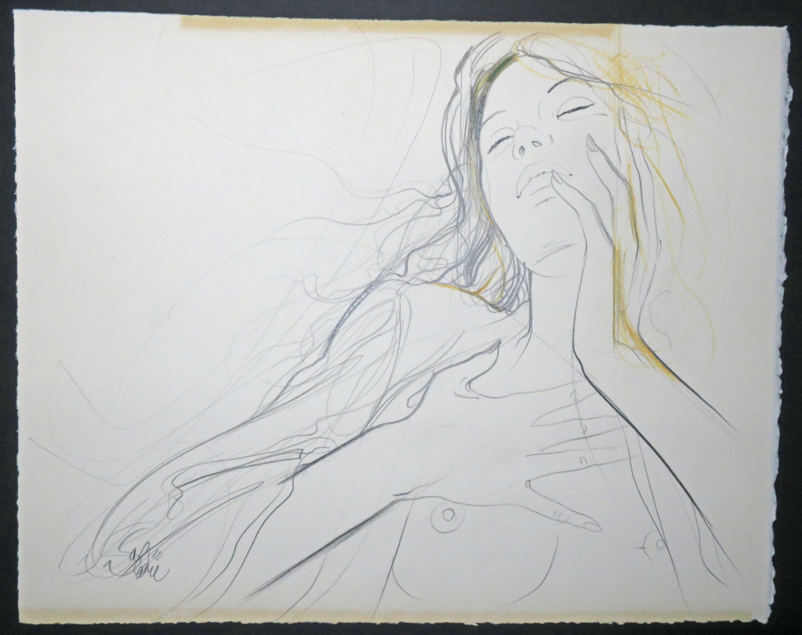 Femme nue en buste, rêvassant.