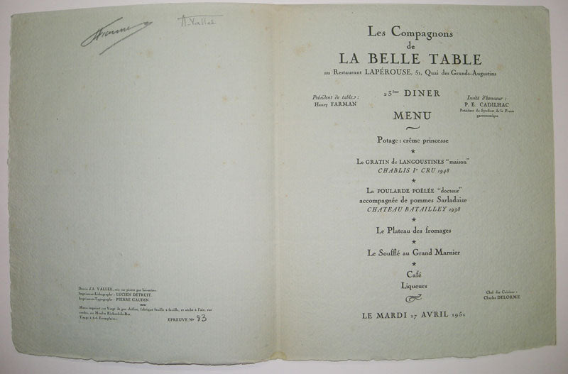 23ème Dîner des Compagnons de la Belle Table du Mardi 17 Avril 1951, au restaurant