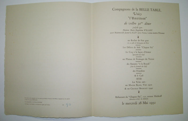 30ème Dîner des Compagnons de la Belle Table du Mercredi 28 Mai 1952, au restaurant du