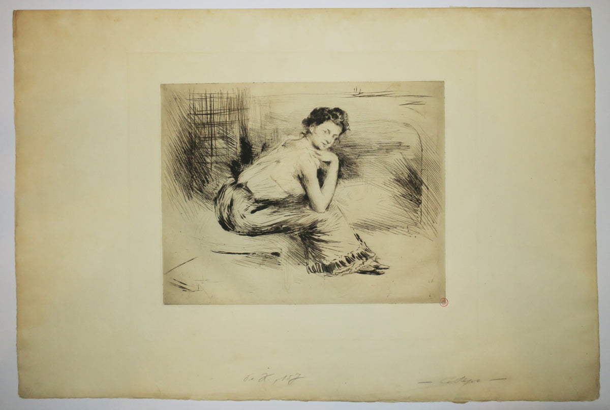 Au coin du feu (Femme assise, bras nus près d'une cheminée).