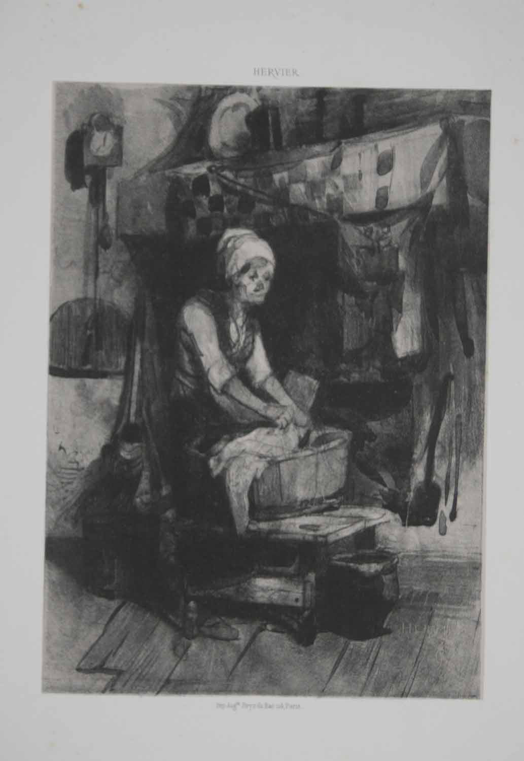 Femme lavant du linge dans un baquet.