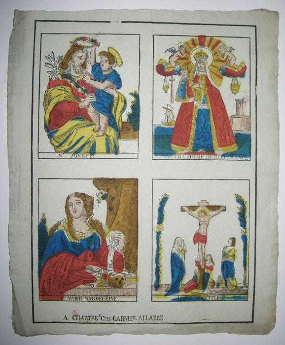 Feuille de quatre sujets: St Joseph, N.D de la Délivrance, Ste Marie-Madeleine & Jésus crucifié.