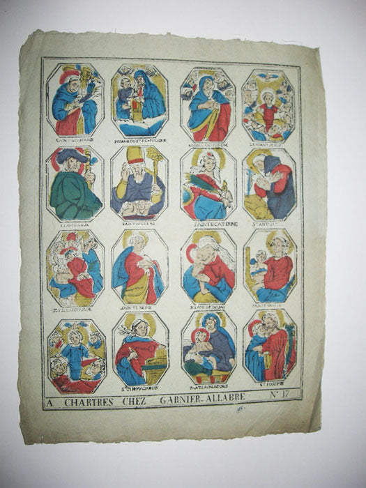 Page de 16 figures de Saints et Saintes dans des octogones: Saint Bernard, N.D du St Capulair, Regina Angelorum, L'Enfant Jésus, Saint Jacques, Saint Nicolas, Sainte Catherine, Saint Antoine, Jésus couronné, Sainte Reine, Notre Dame de Passau, Sainte Cécile, Saint Thomas d'Aquin, Mater Creatoris & Saint Joseph.