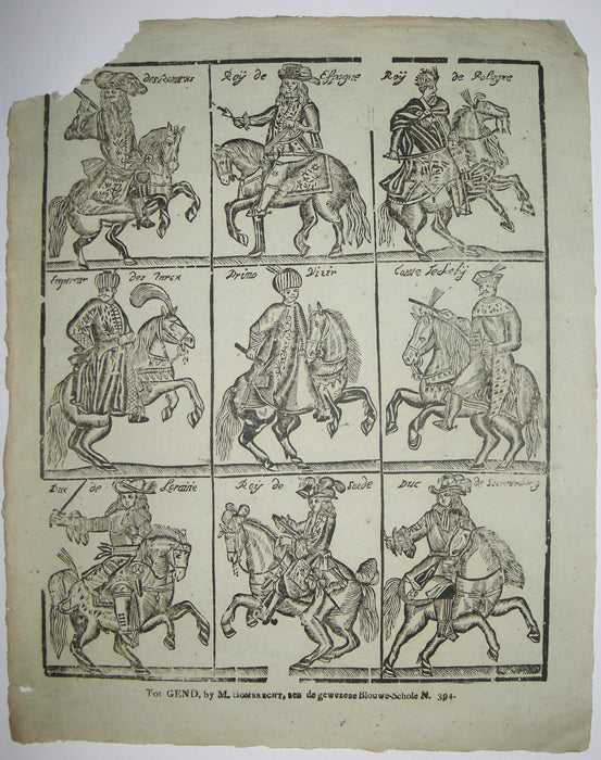 Feuille en hauteur à neuf sujets: Empereur des Romains, Roy d'Espagne, Roy de Pologne, Empereur des Inrex, Primo Vizir, Comte Jeckely, Duc de Lorraine, Roy de Suède & Duc de Brennenburg.