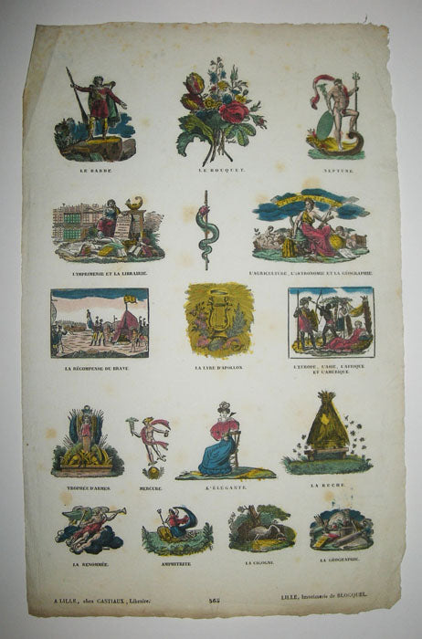 Planche avec 16 petits sujets: Le Barde, Le bouquet, Neptune, L'Imprimerie et la Librairie, L'Agriculture, L'Astronomie et la Géographie, La récompense du brave, La Lyre d'Apollon, L'Europe, l'Asie, l'Afrique et l'Amérique, Trophée d'armes, Mercure, L'Elégante, La ruche, La renommée, Amphitrite, La Cigogne & La géographie.