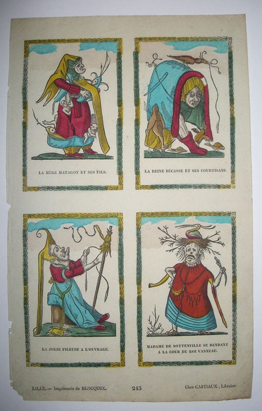 Quatre sujets: La Mère Matagot et ses fils, La Reine Bécasse et ses courtisans, La jolie fileuse à l'ouvrage & Madame de Sottenville se rendant à la cour du Roi Vanneau.