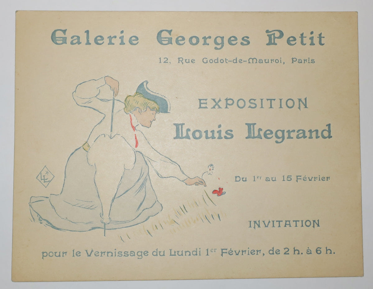 Invitation pour l'Exposition Louis Legrand, du 1er au 15 février, à la Galerie Georges Petit, 12 rue Godot-de-Mauroi, Paris. Vernissage le lundi 1er février, de 2h à 6h.