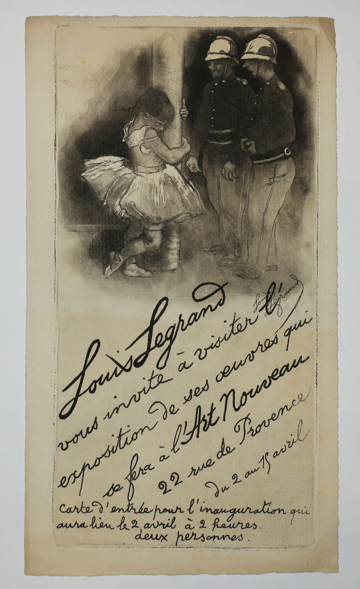 Louis Legrand vous invite à visiter l'Exposition de ses Œuvres qui se fera à l'Art Nouveau, 22 rue de Provence, du 2 au 19 avril. Carte d'entrée pour l'inauguration qui aura lieu le 2 avril à 2 heures, deux personnes.